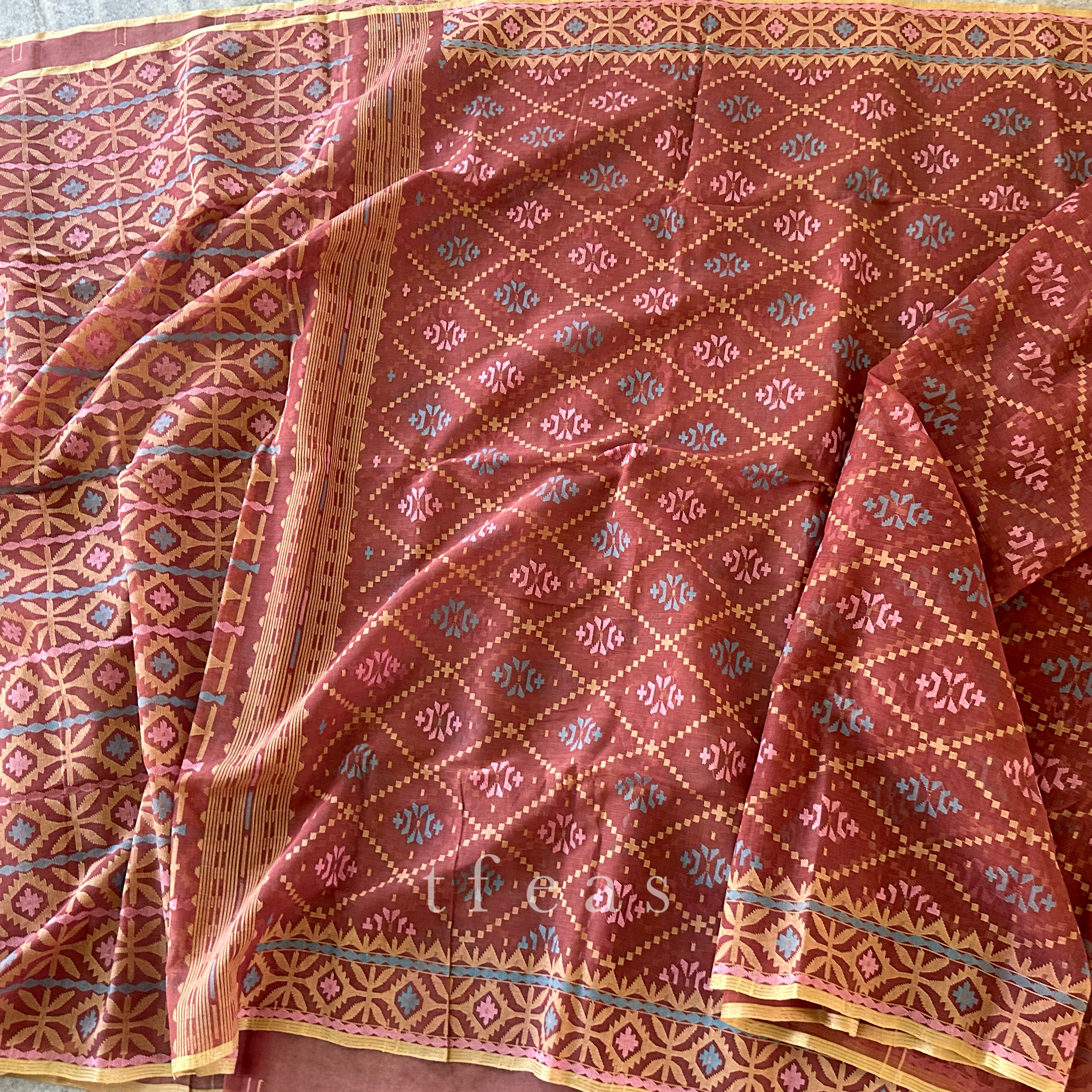 Brown with Beige Pink and Blue Dhakai Jamdani