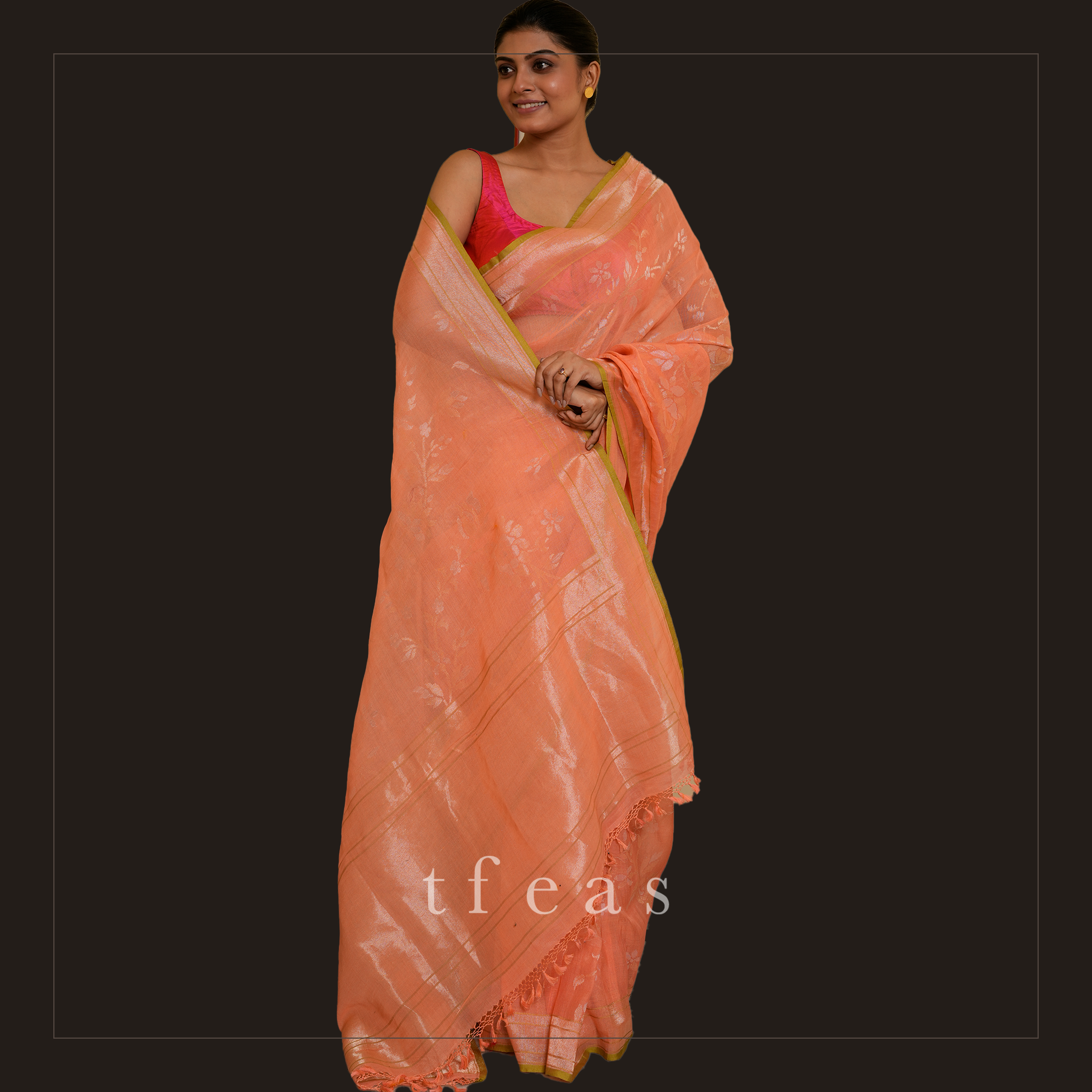 Real Silver Zari: Peach Benarasi Jamdani with Real Silver Zari