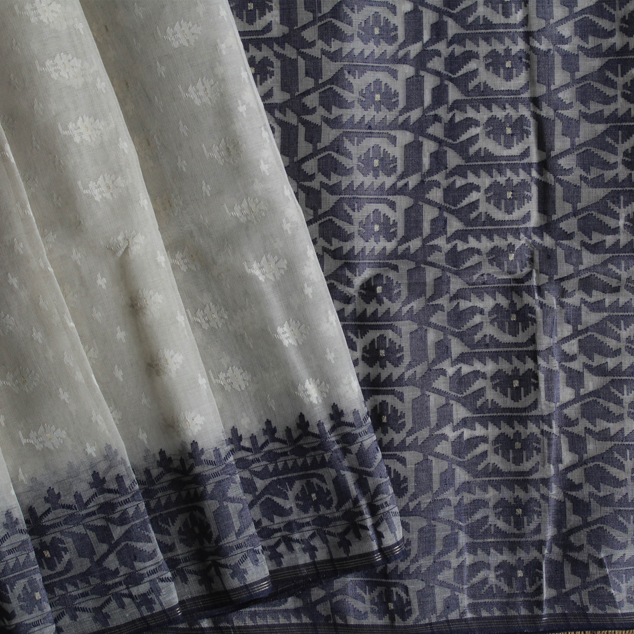 White and Dark Blue Dhakai Jamdani