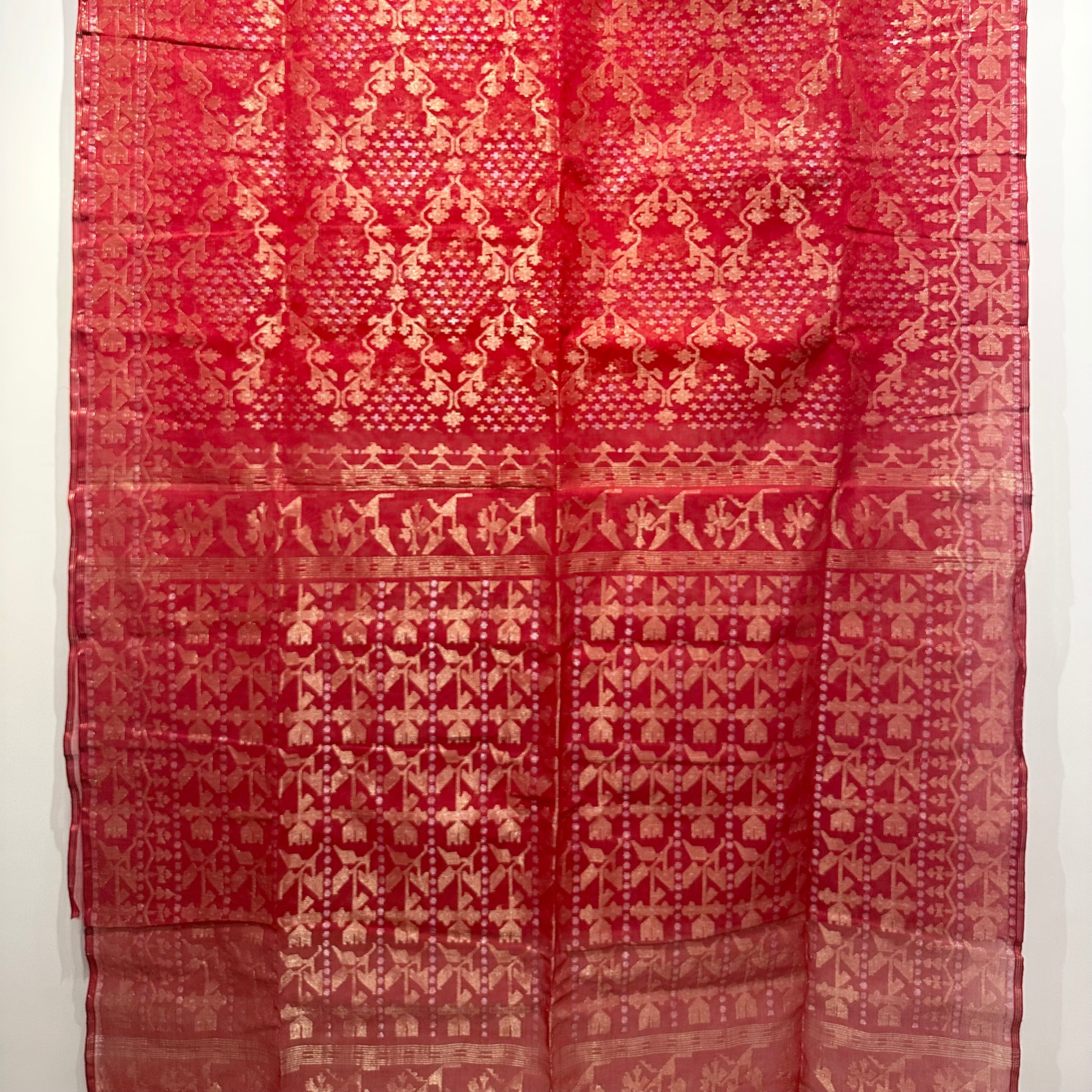 Reddish Orange Dhakai Jamdani with Zari