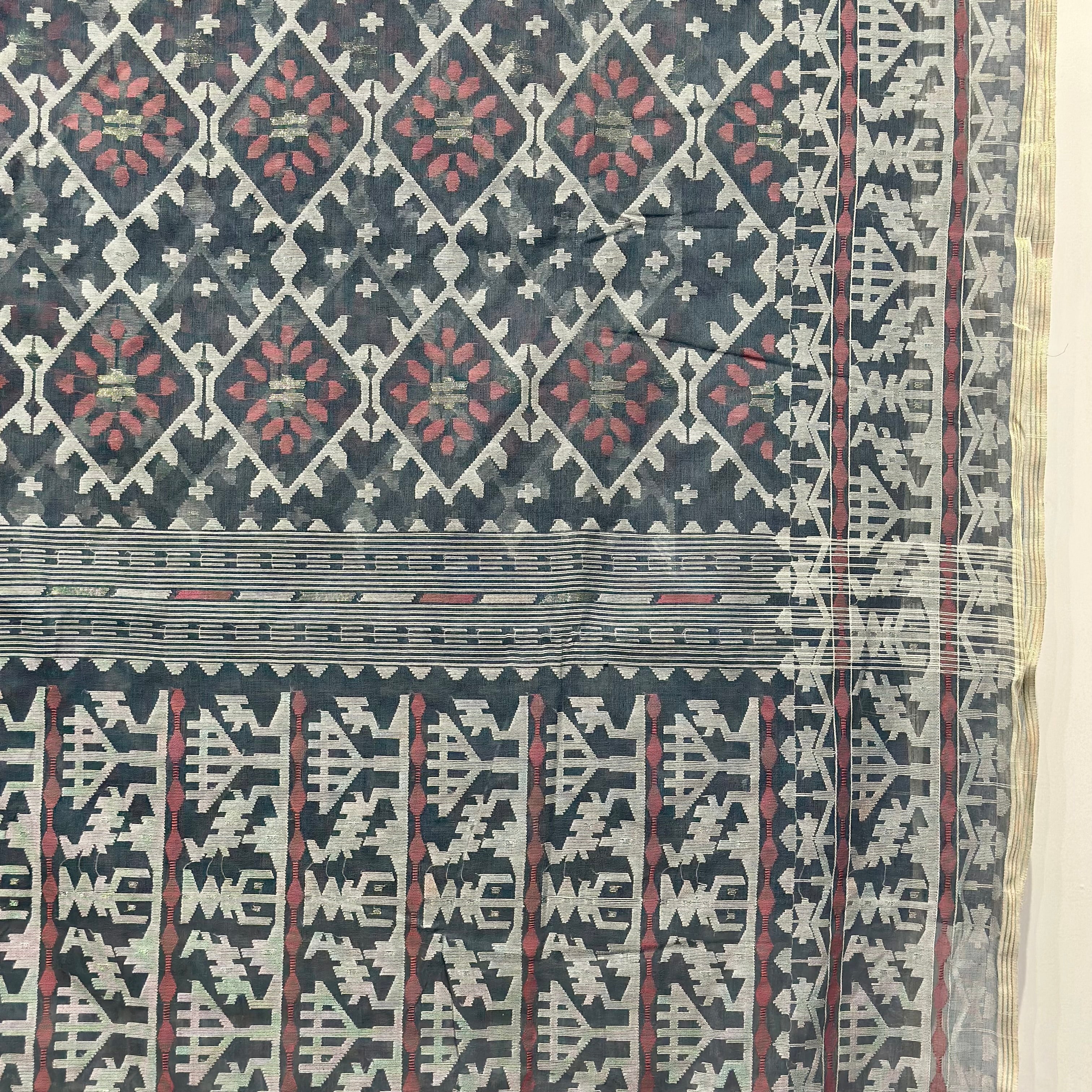 Dark Blue and White Dhakai Jamdani Saree