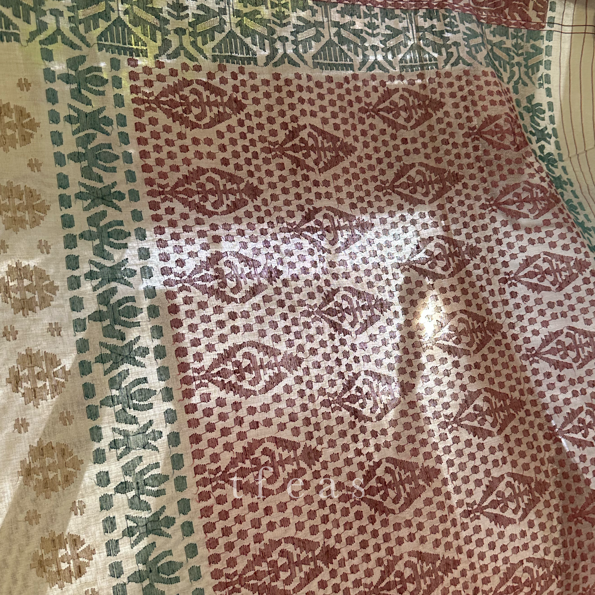 Pre Order: 200 count Beige with Maroon and Green Grand Dhakai Jamdani