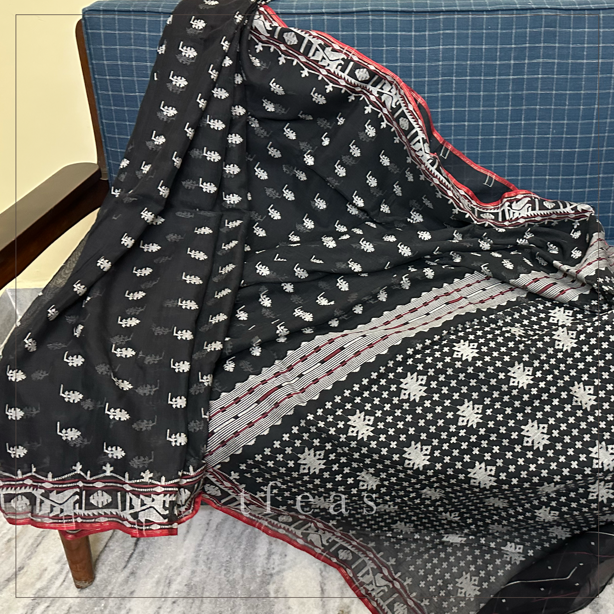 Black Dhakai Jamdani with Red Selvedge