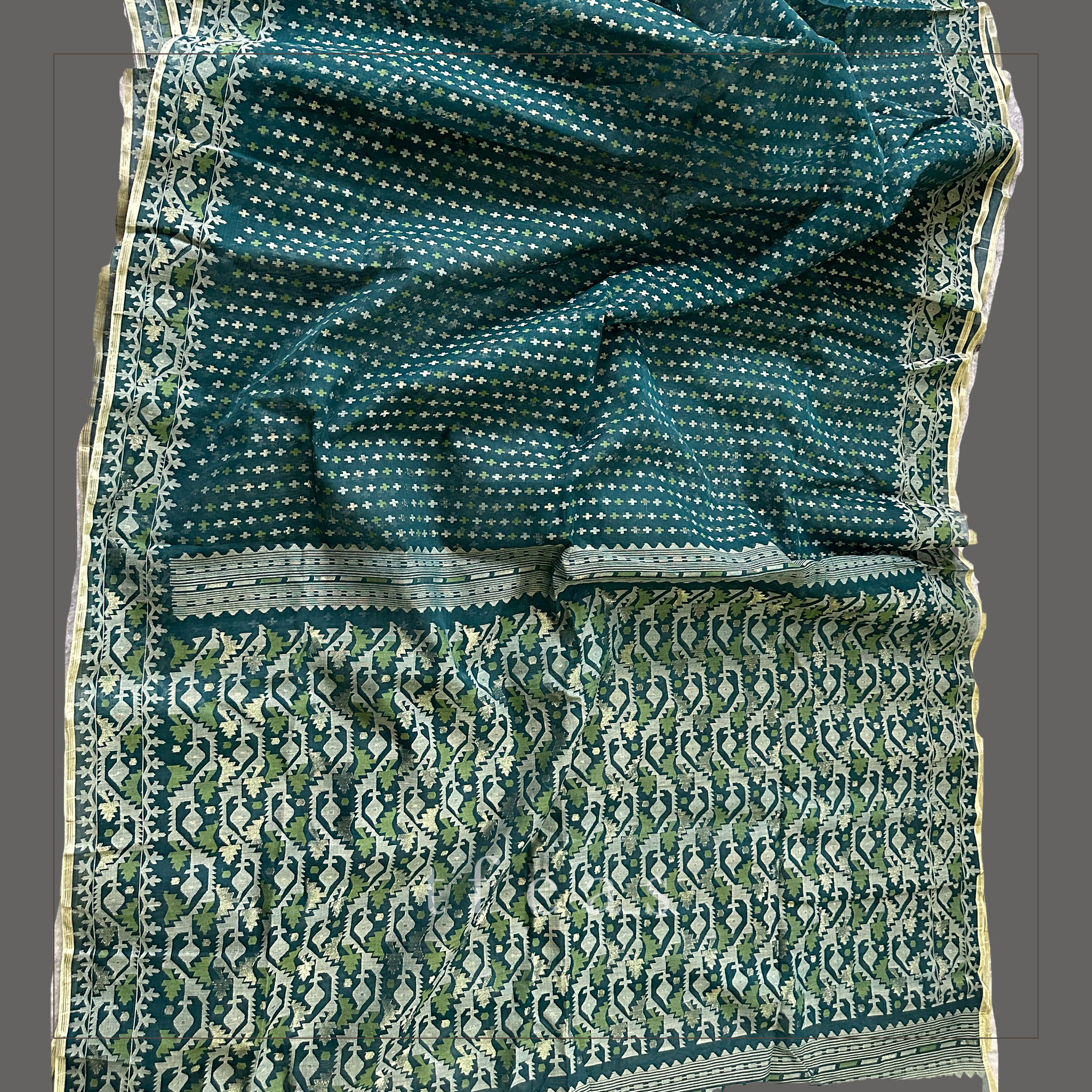 Peacock Green Blue with Green and Zari Dhakai Jamdani