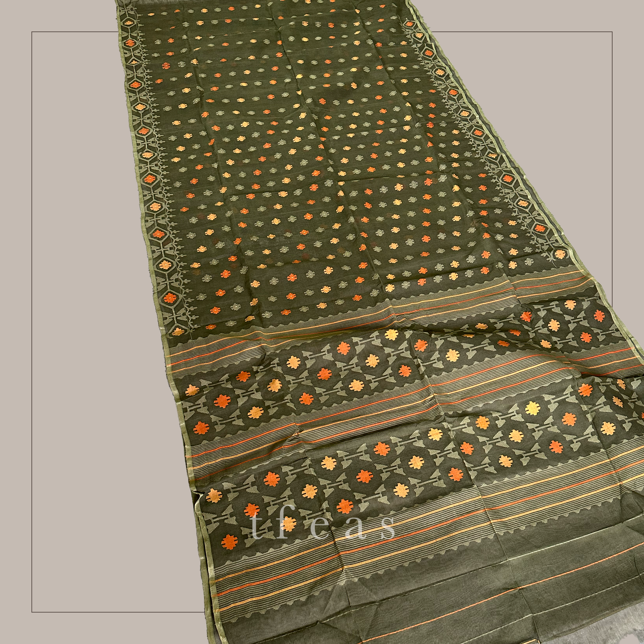 Moss Green Orange and Yellow Dhakai Jamdani