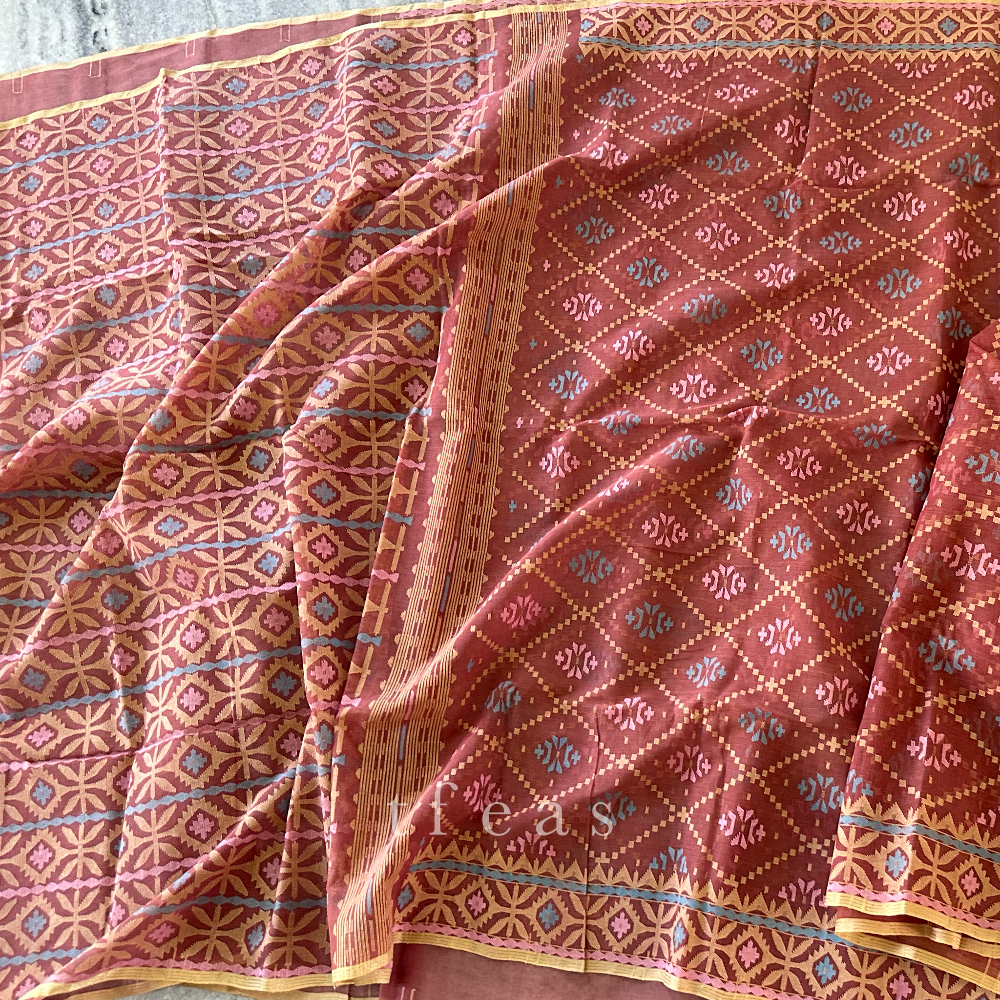 Brown with Beige Pink and Blue Dhakai Jamdani