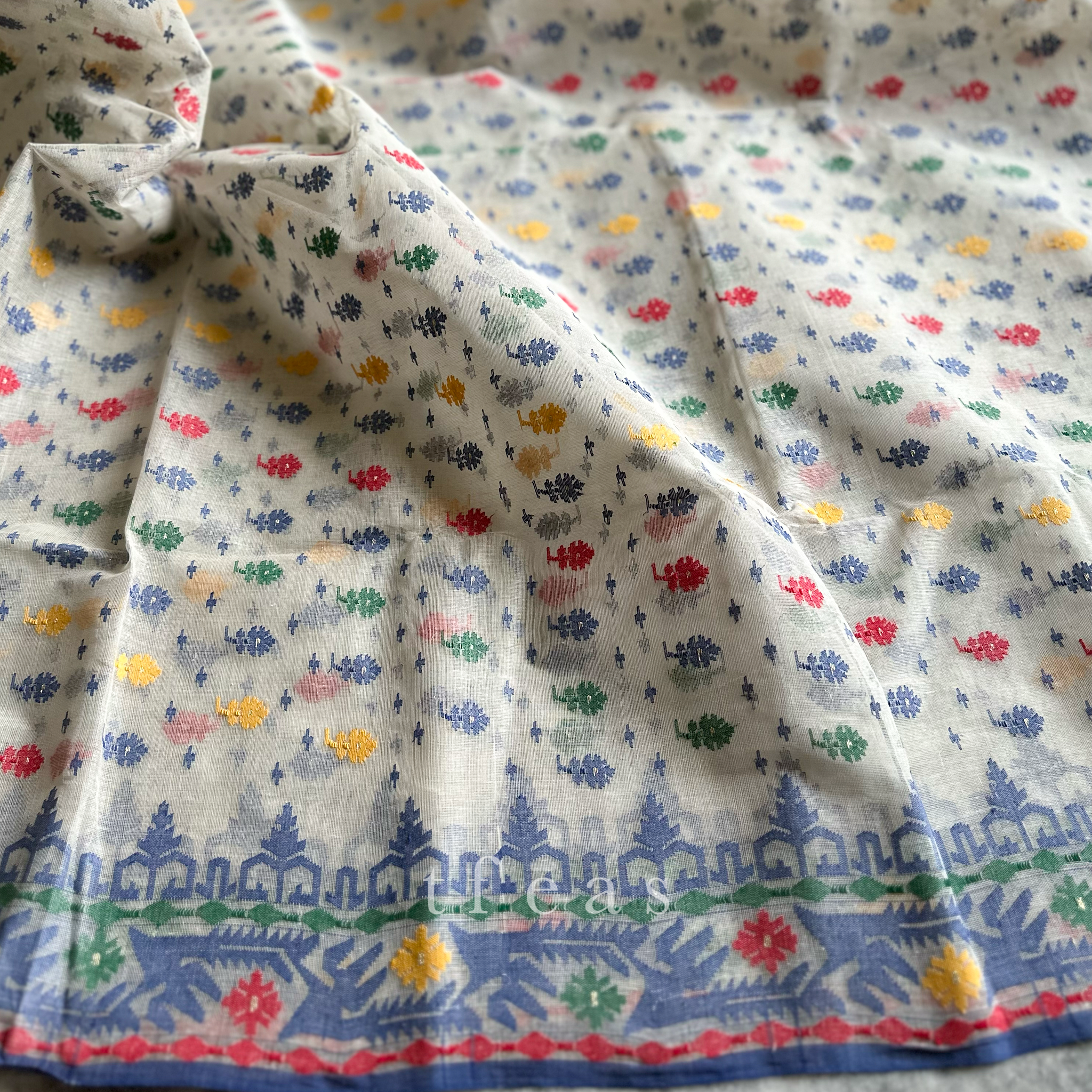 White and Blue with Multicoloured Dhakai Jamdani Saree