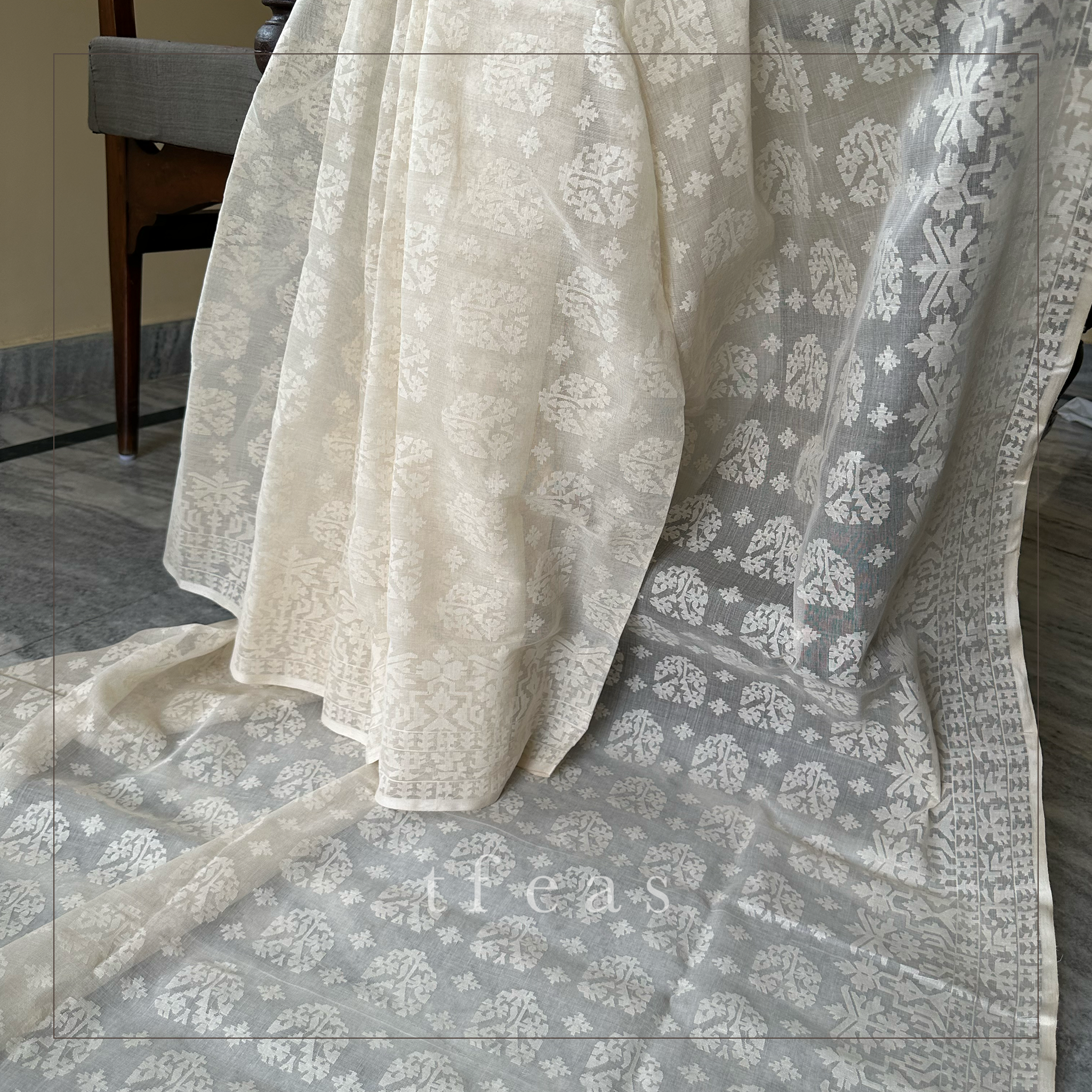 200 count White on White Khadi Dhakai Jamdani