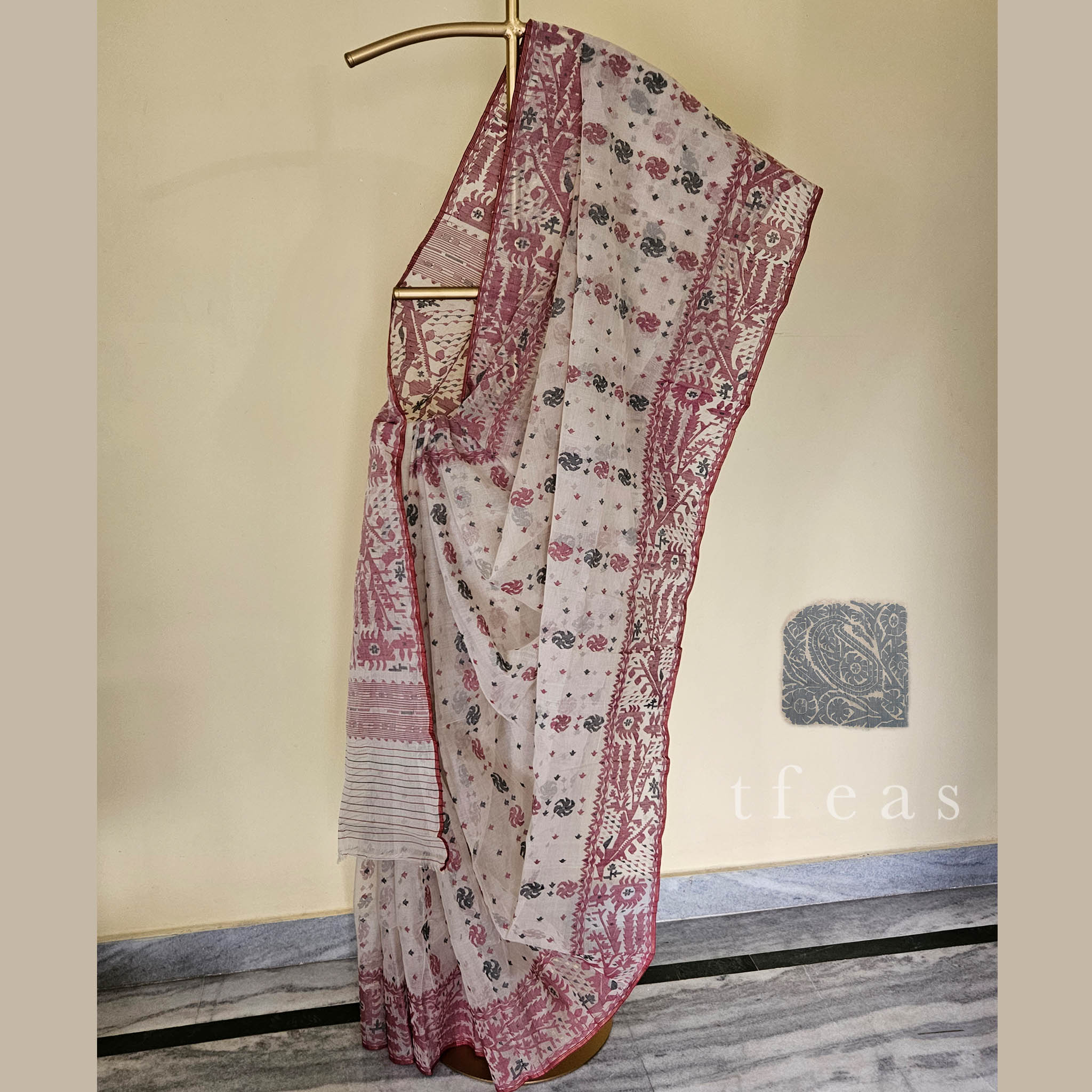 White with Maroon and Black Dhakai Jamdani