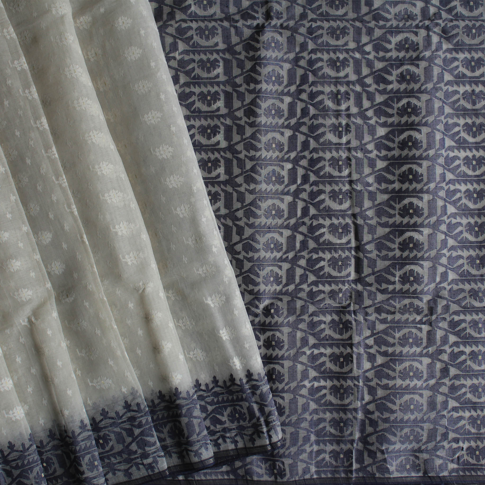 White and Dark Blue Dhakai Jamdani