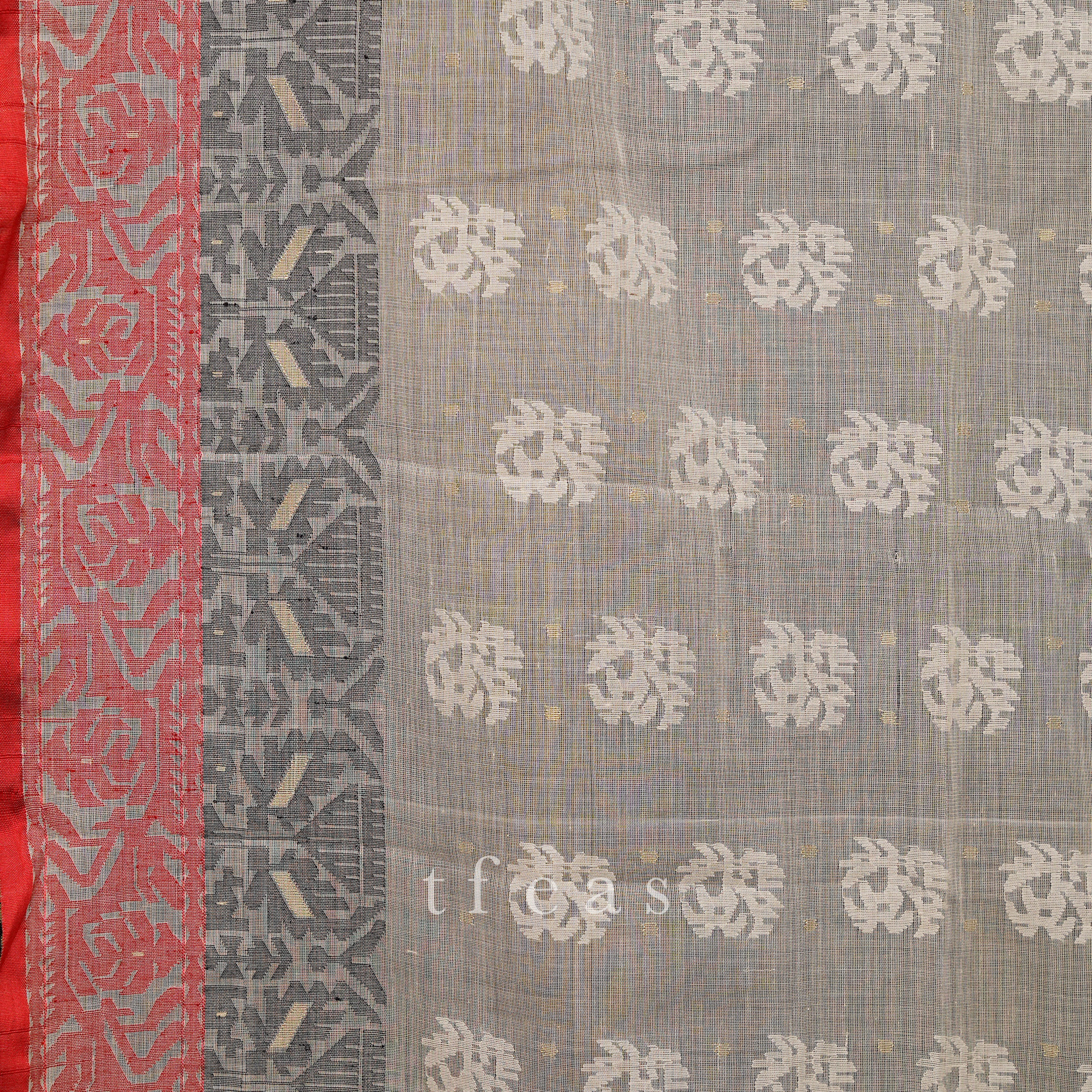 200 count Handwoven Bangladeshi Dhakai Jamdani White with Red and Black with Koniya