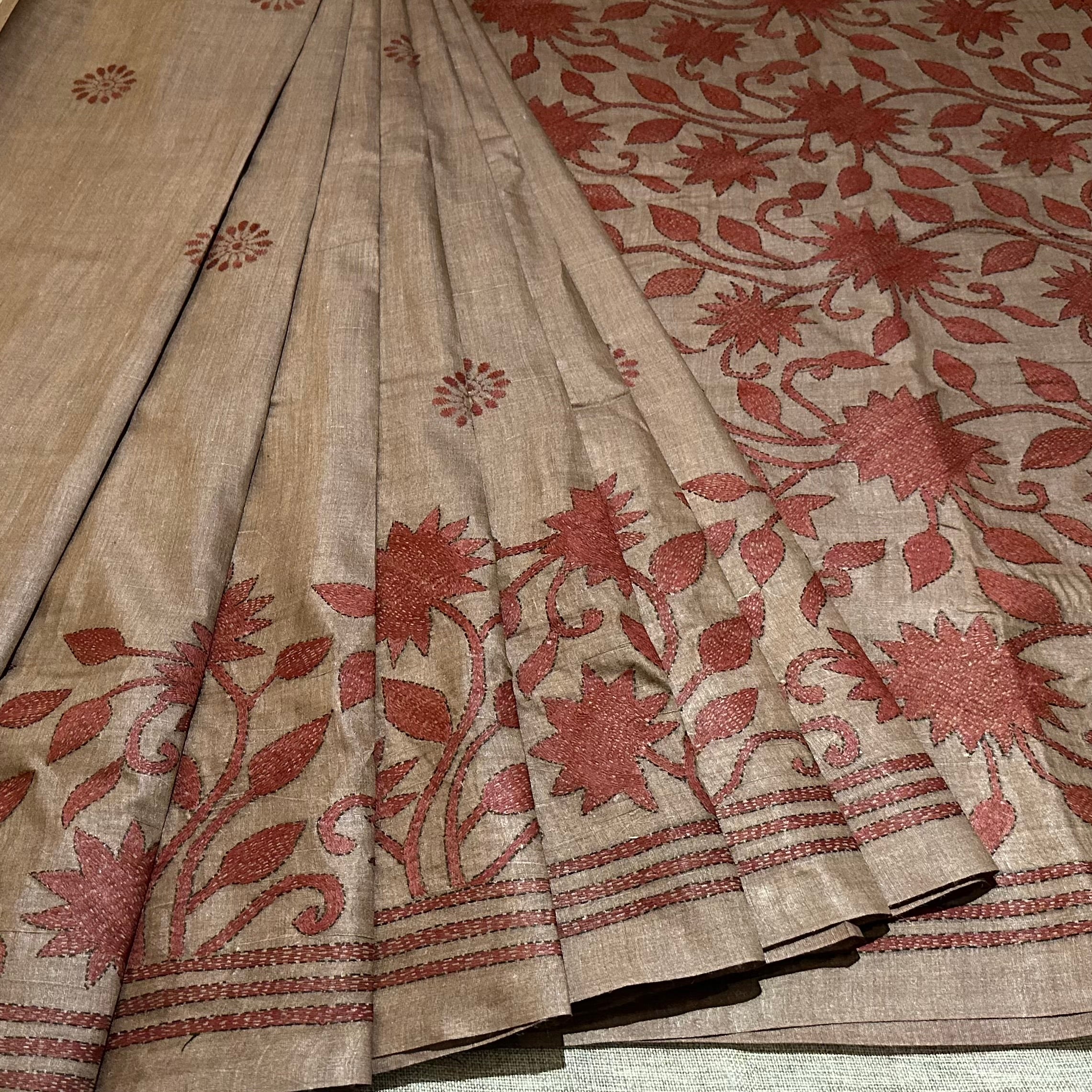Rust Natural Dyed Handwoven Tussar with Kantha