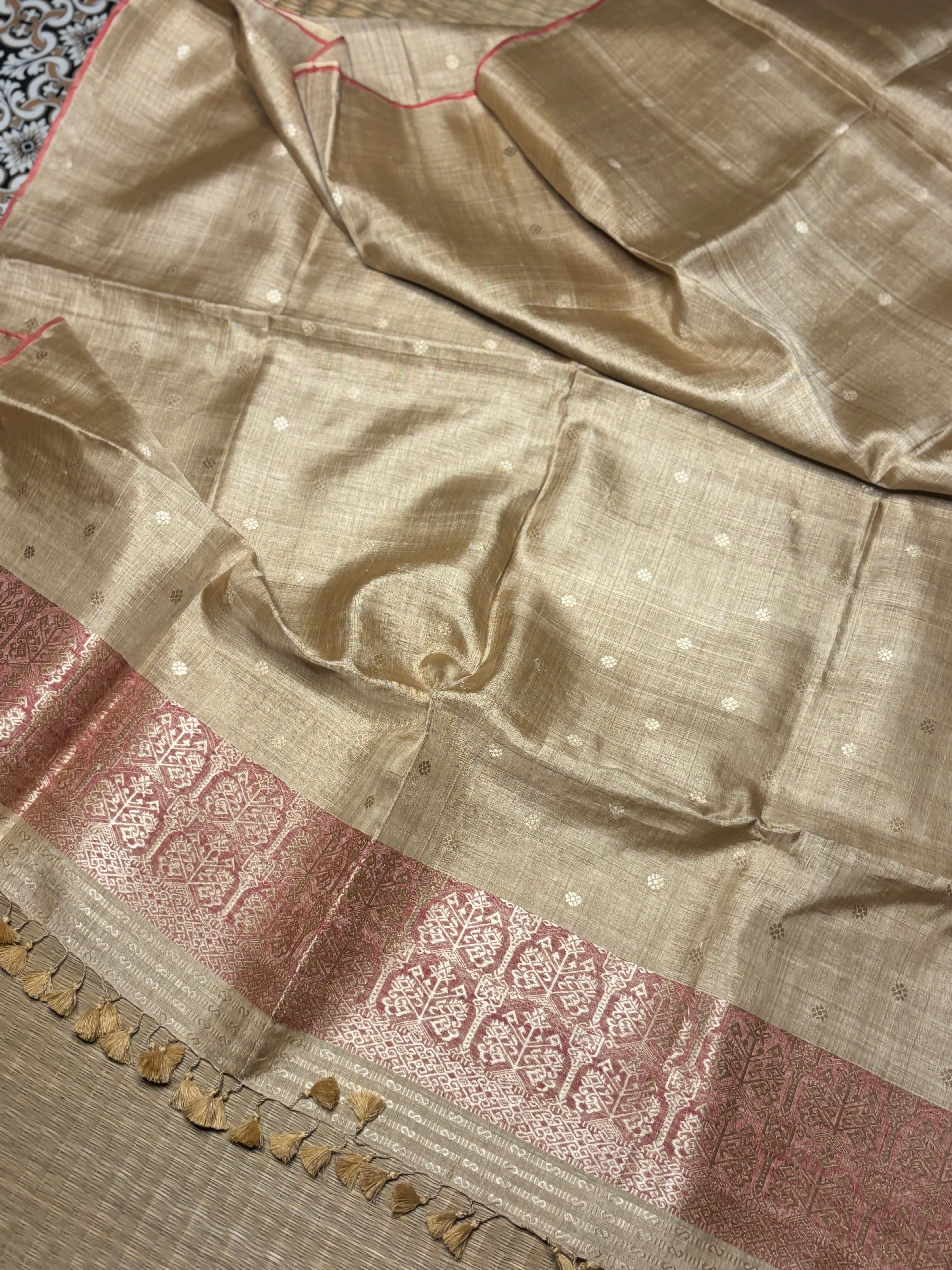Heirloom Pure Assam Muga Saree with Red Natural Dyed Eri Extra Weft