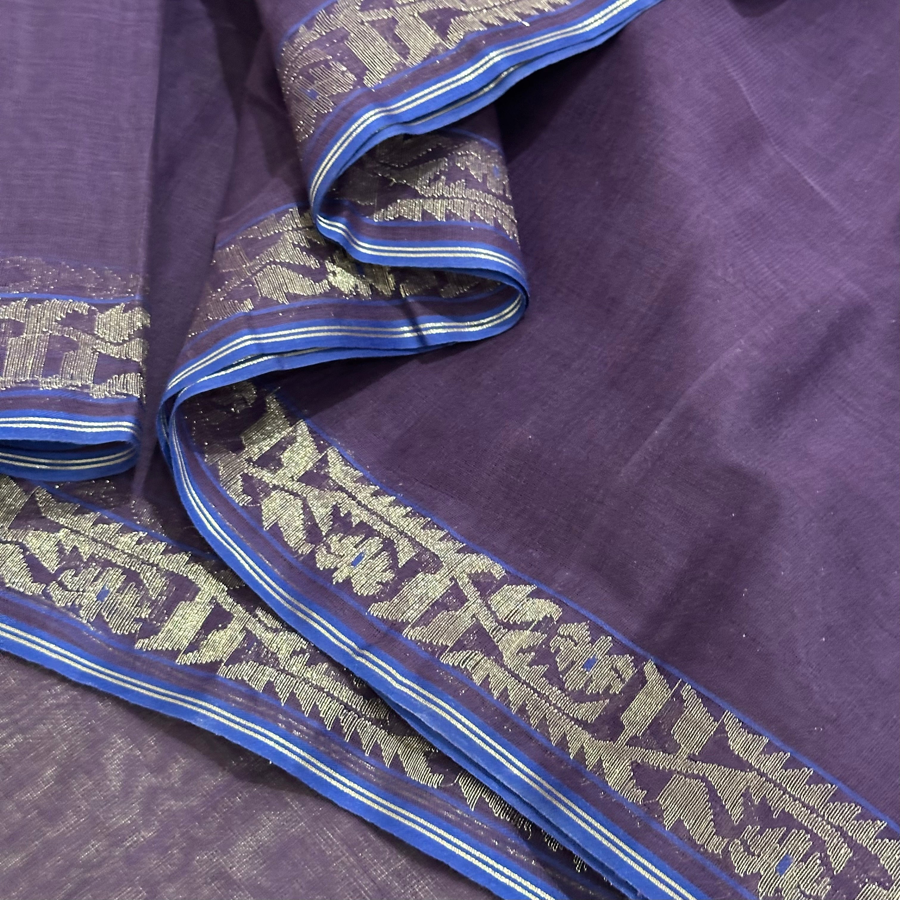 Purple and Blue with Silver Dhakai Jamdani