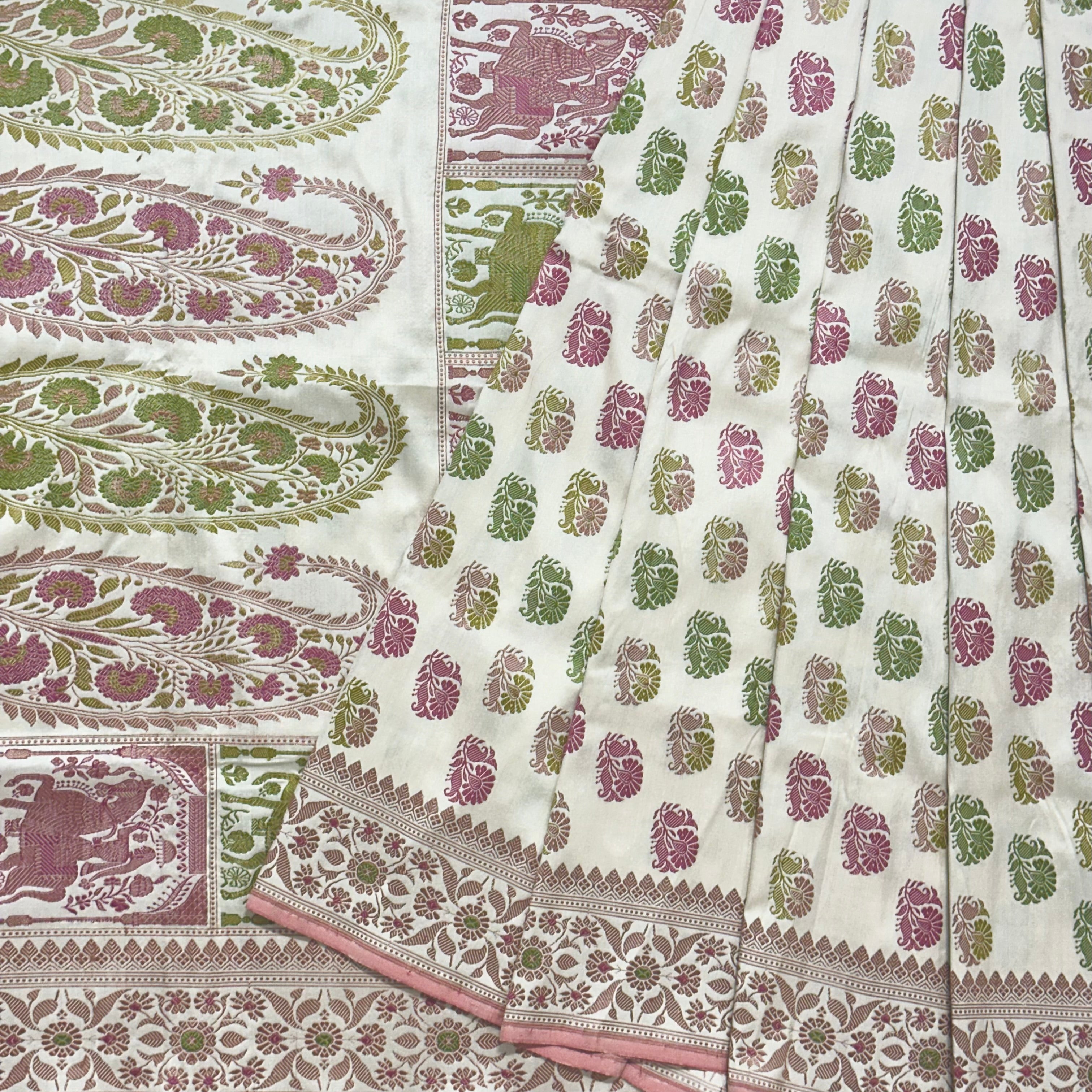 White Revival Baluchari with Big Butis