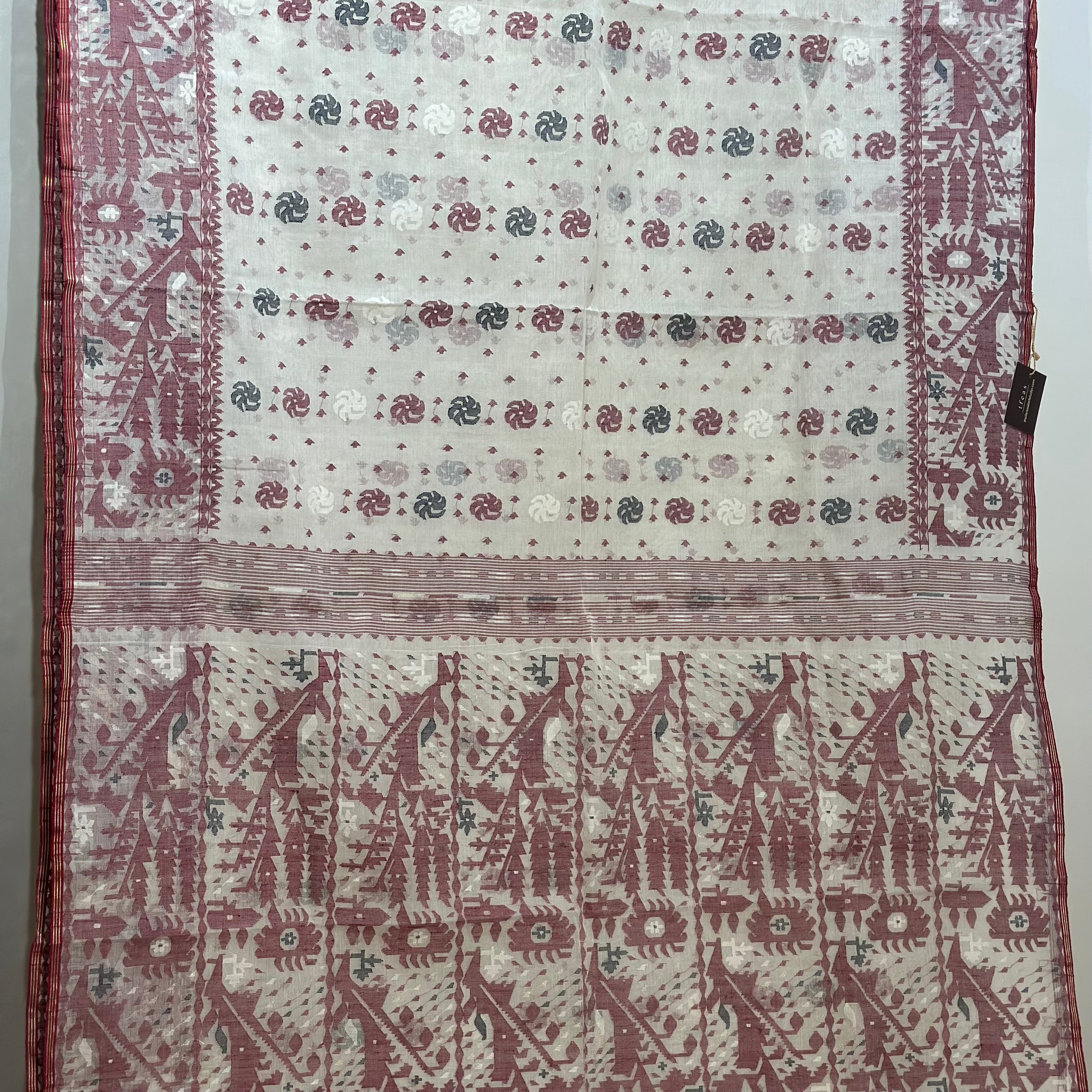 White with Maroon and Black Dhakai Jamdani