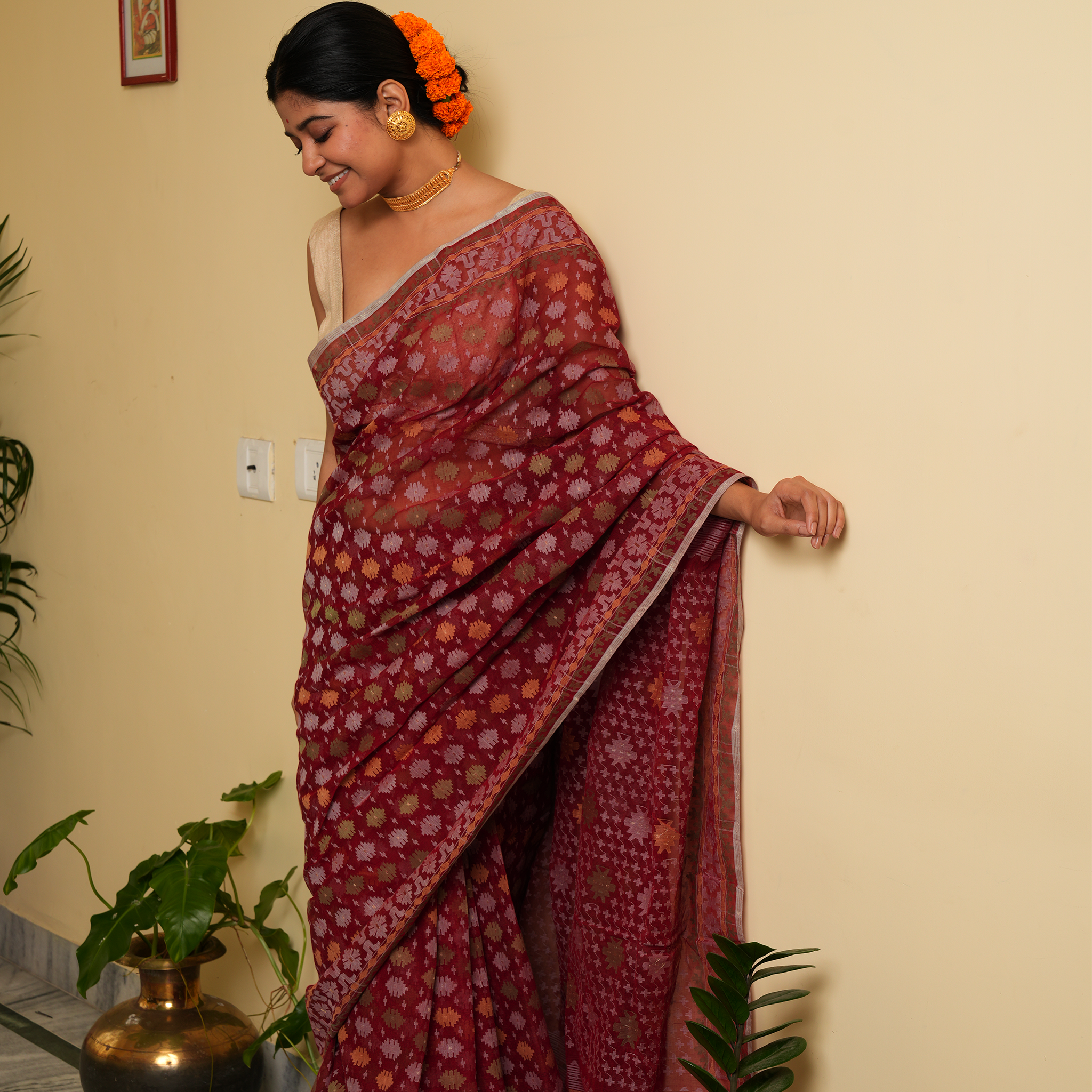 Red Multicoloured Dhakai Jamdani Saree