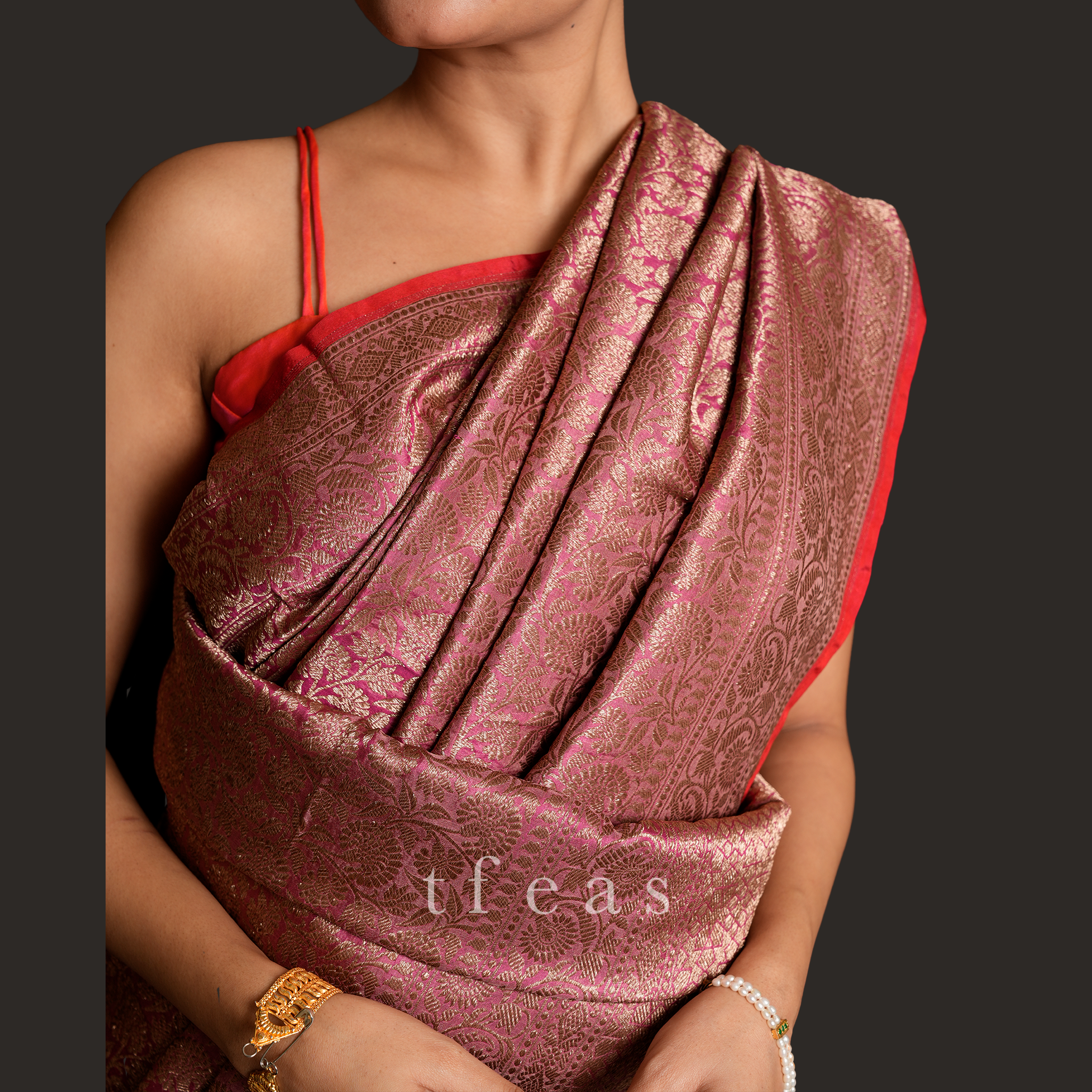 Peach with Red Selvedge Brocade Benarasi