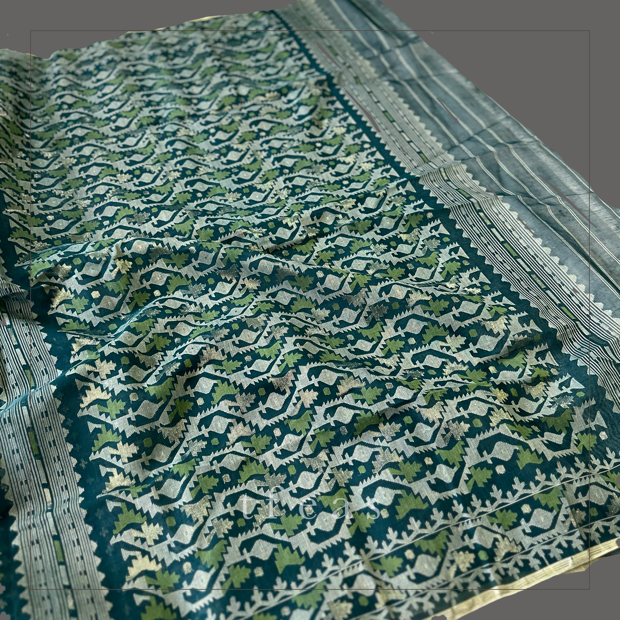 Peacock Green Blue with Green and Zari Dhakai Jamdani