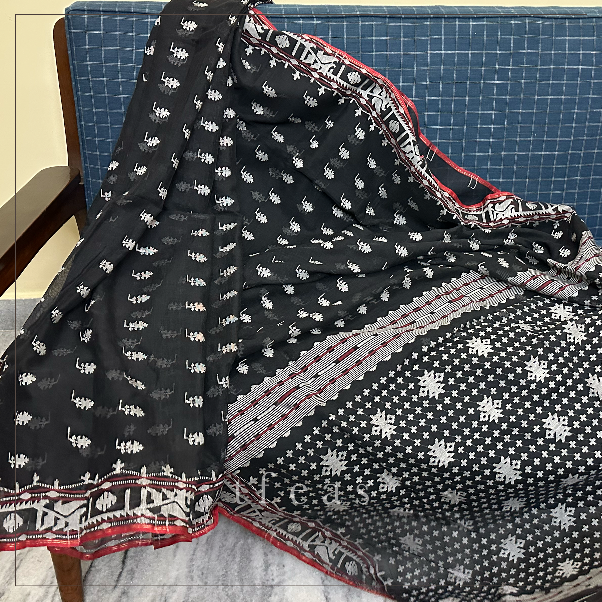 Black Dhakai Jamdani with Red Selvedge