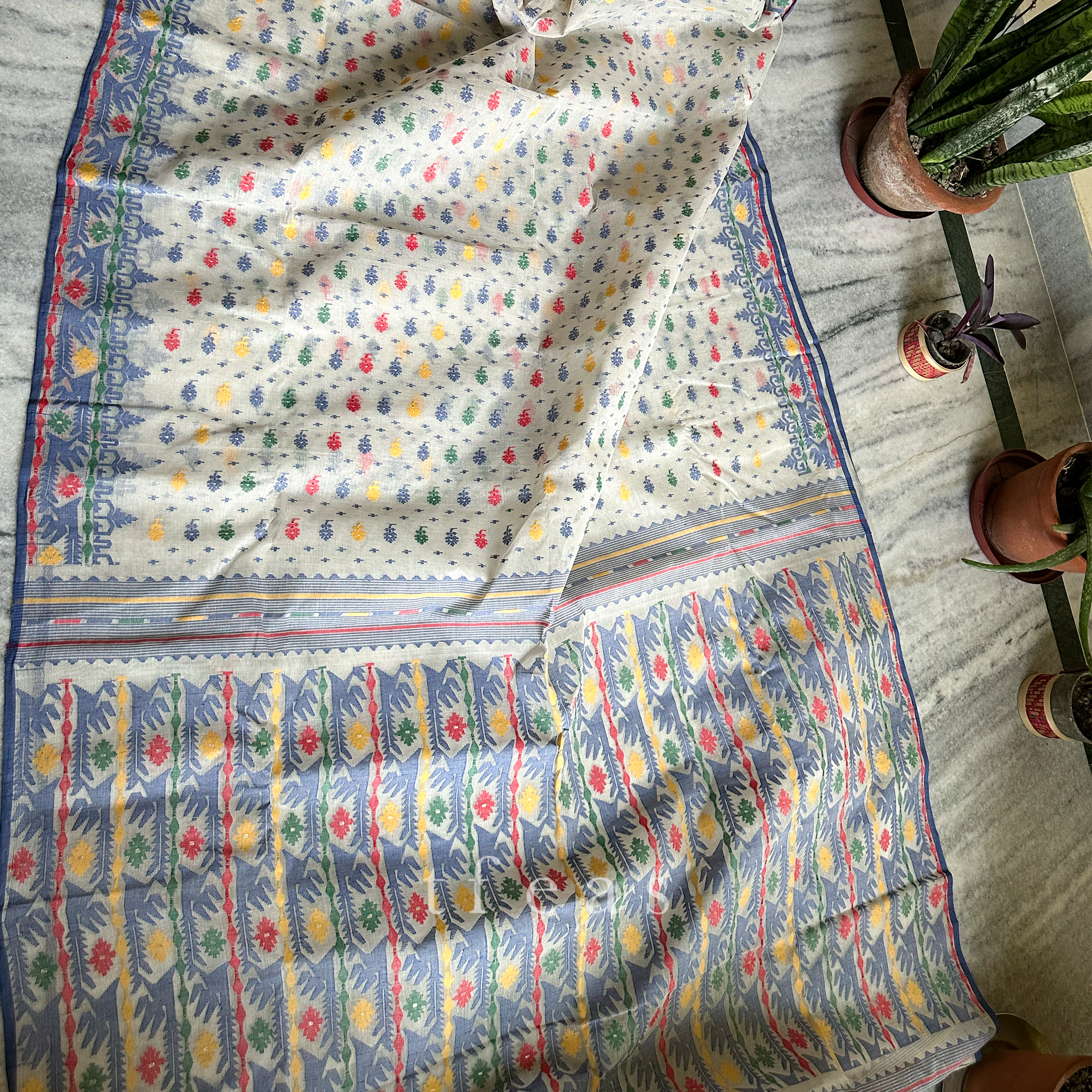 White and Blue with Multicoloured Dhakai Jamdani Saree