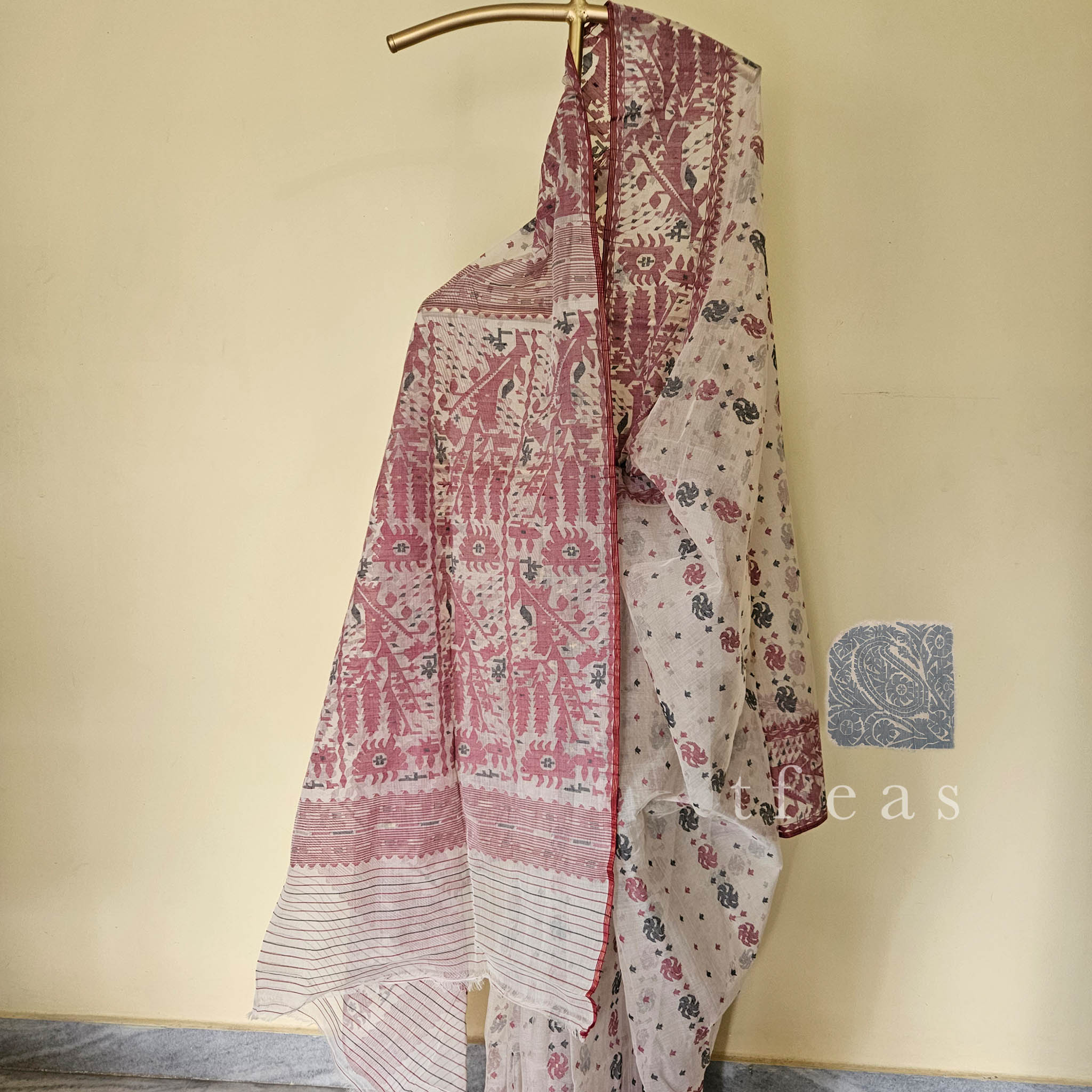White with Maroon and Black Dhakai Jamdani
