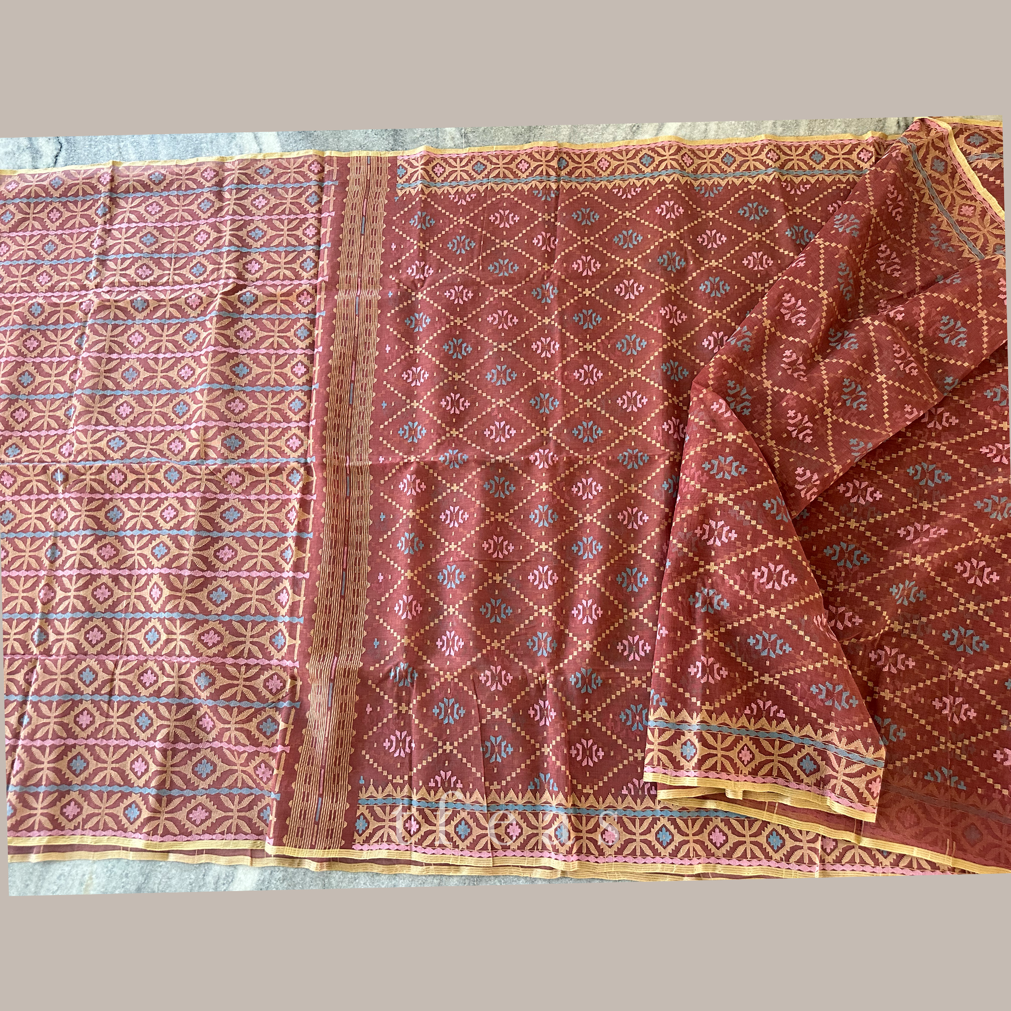 Brown with Beige Pink and Blue Dhakai Jamdani