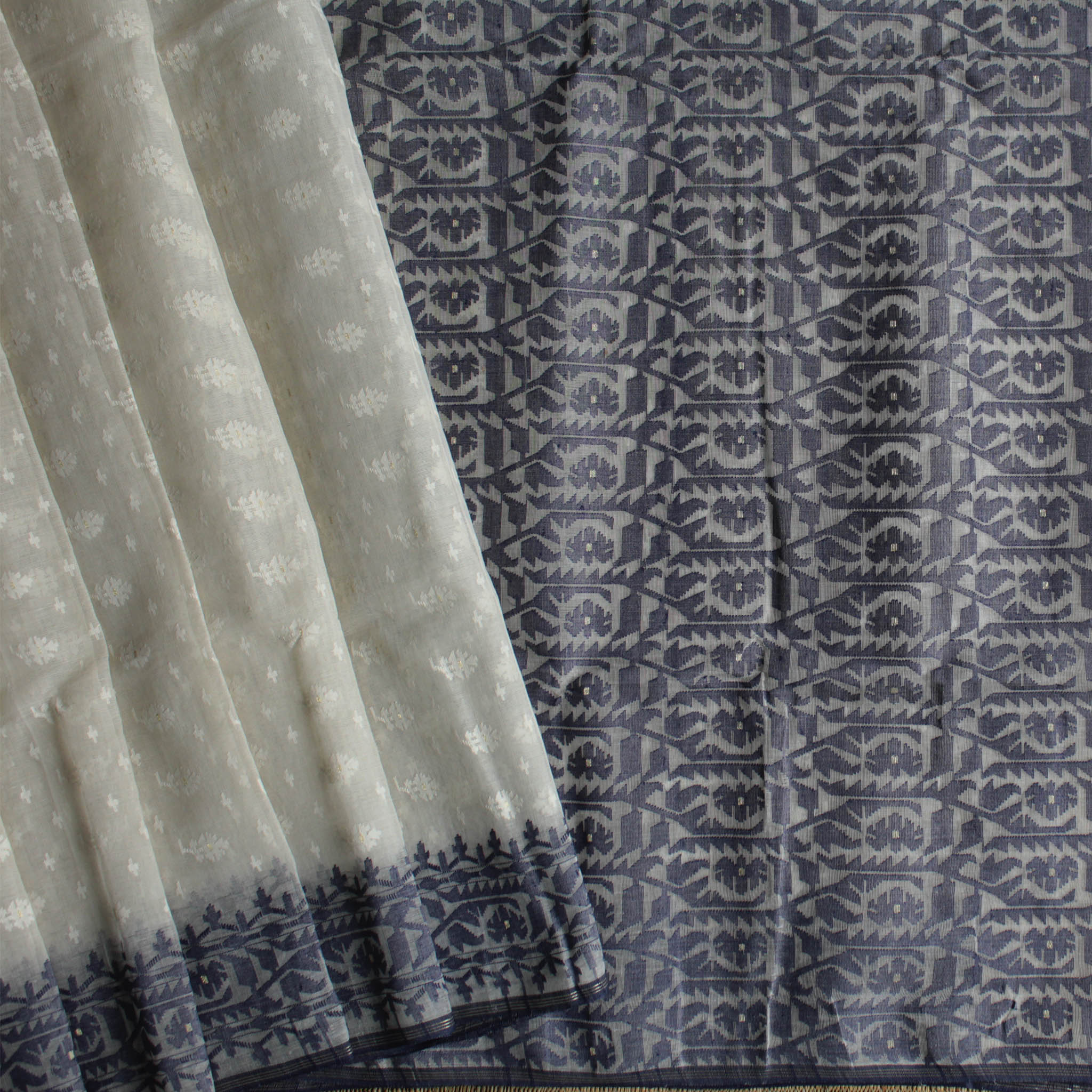White and Dark Blue Dhakai Jamdani