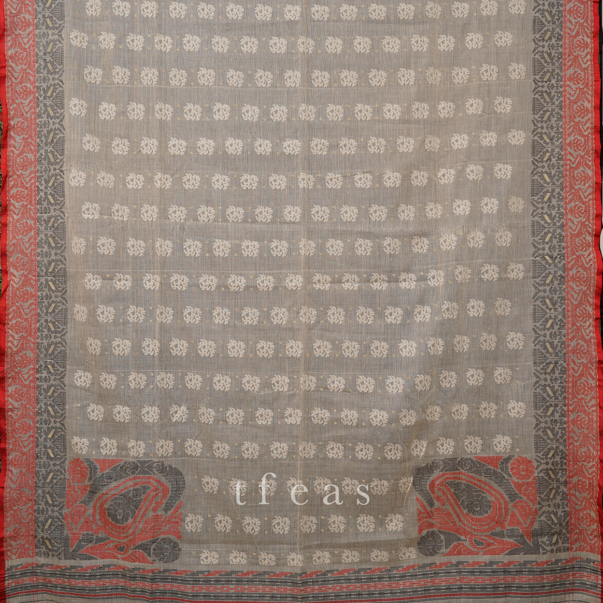 200 count Handwoven Bangladeshi Dhakai Jamdani White with Red and Black with Koniya