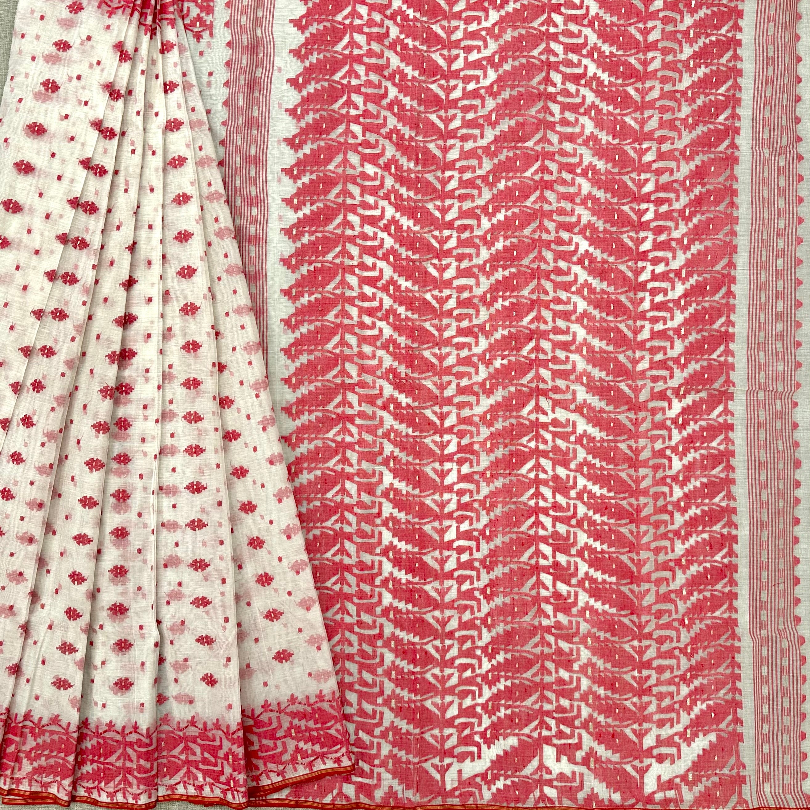 Red and White Dhakai Jamdani