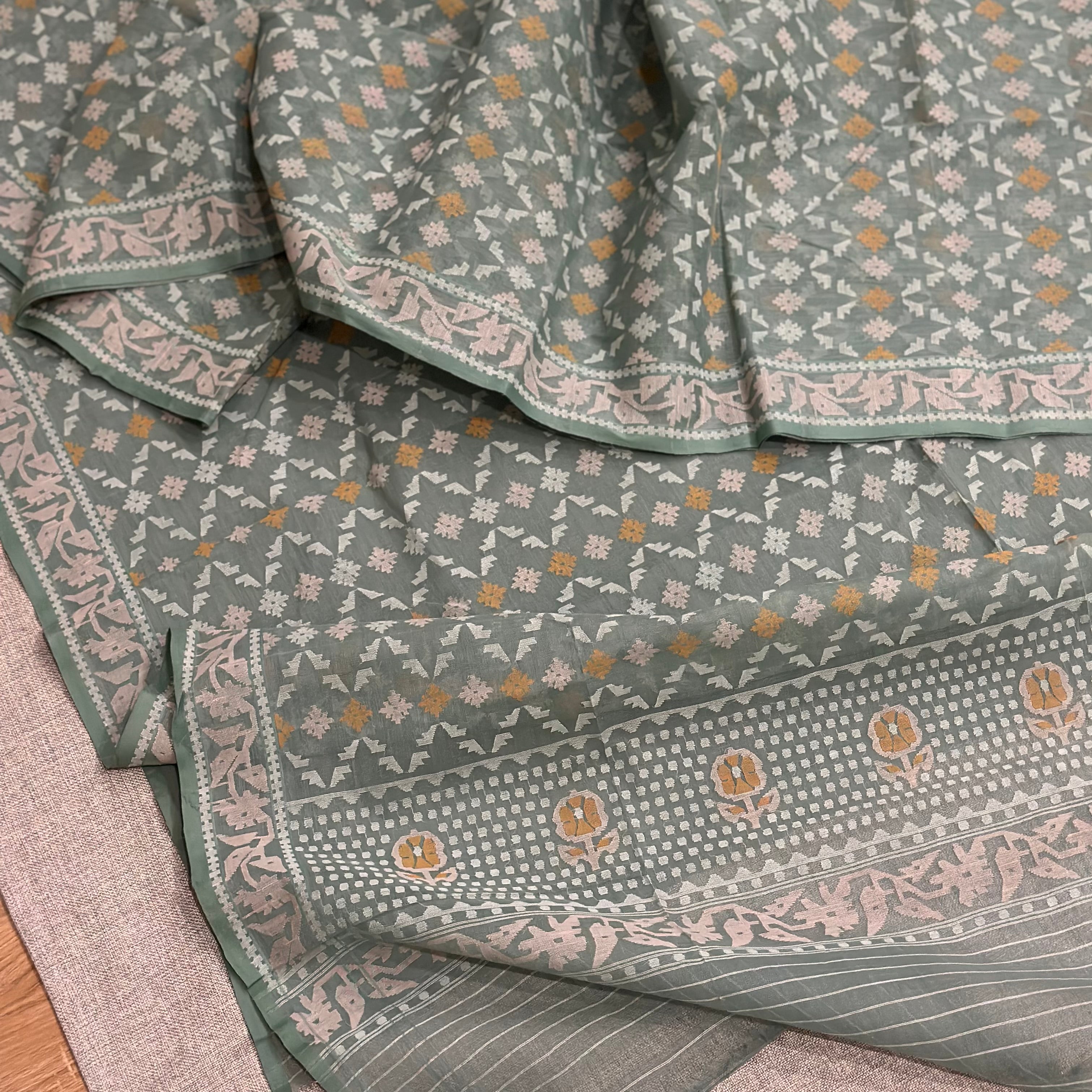 Teal Jaal Dhakai Jamdani Saree