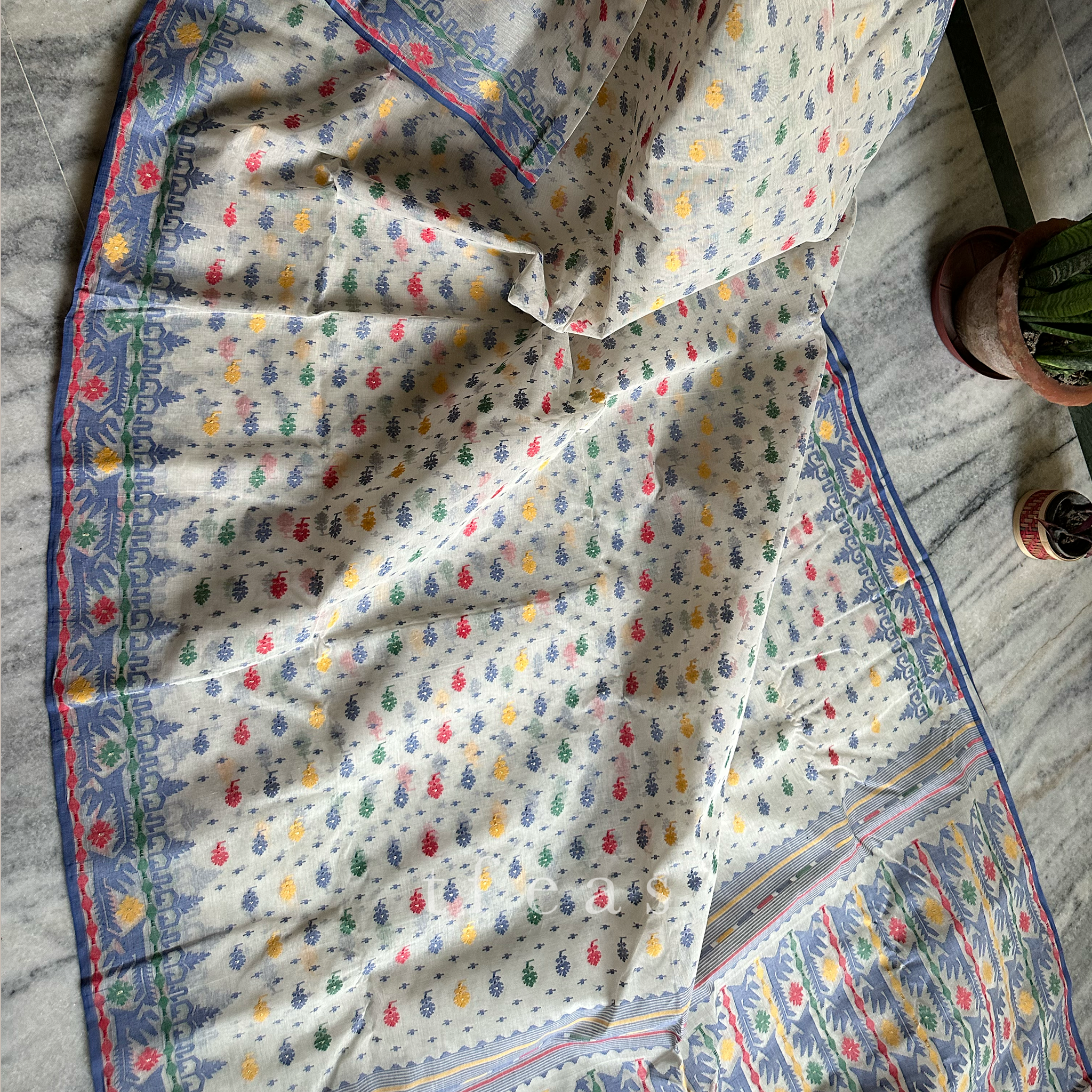 White and Blue with Multicoloured Dhakai Jamdani Saree
