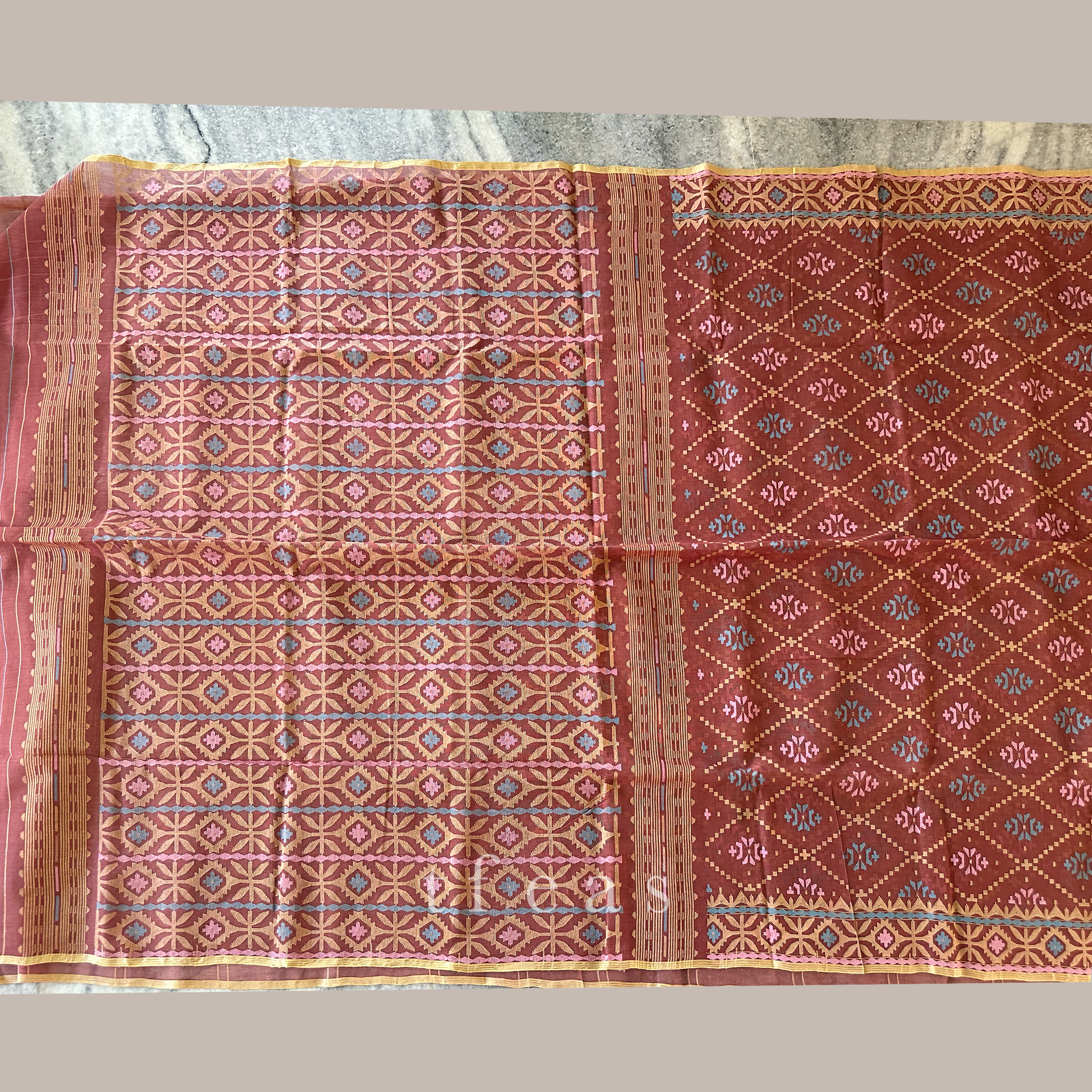 Brown with Beige Pink and Blue Dhakai Jamdani