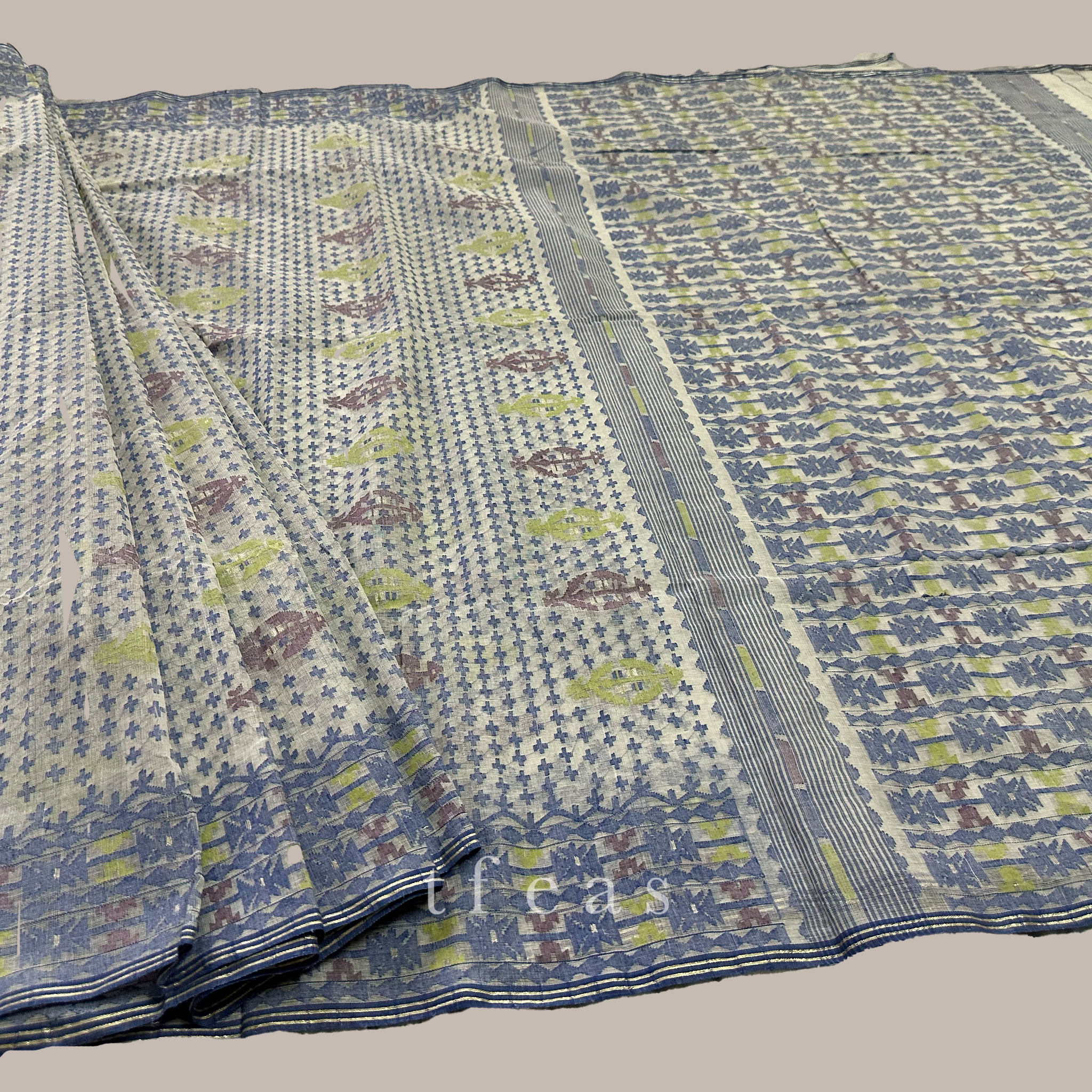 White and Greyish Blue with Lime Green and Brown Dhakai Jamdani