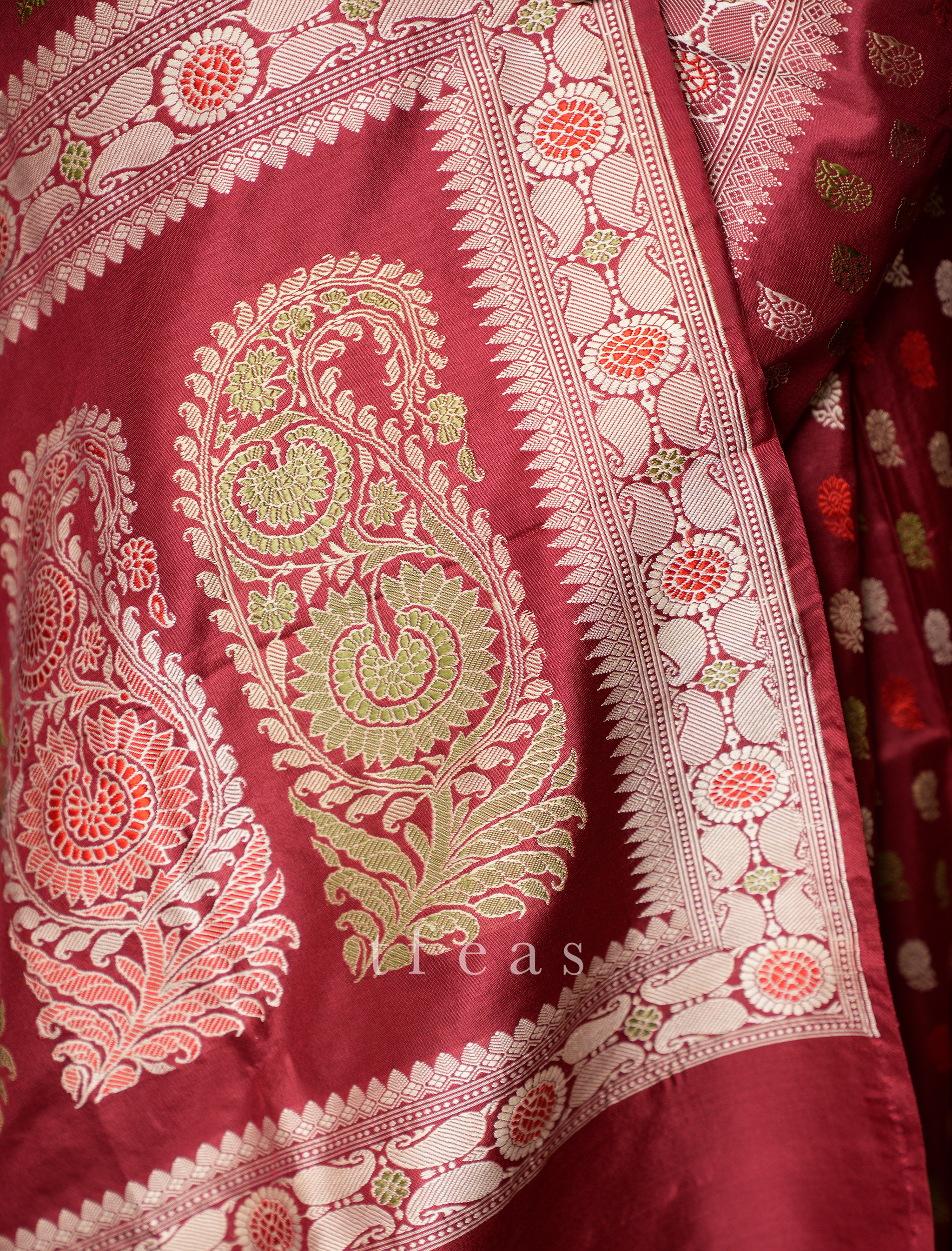Maroon Butidar Baluchari from Benaras with Paisleys in Palla