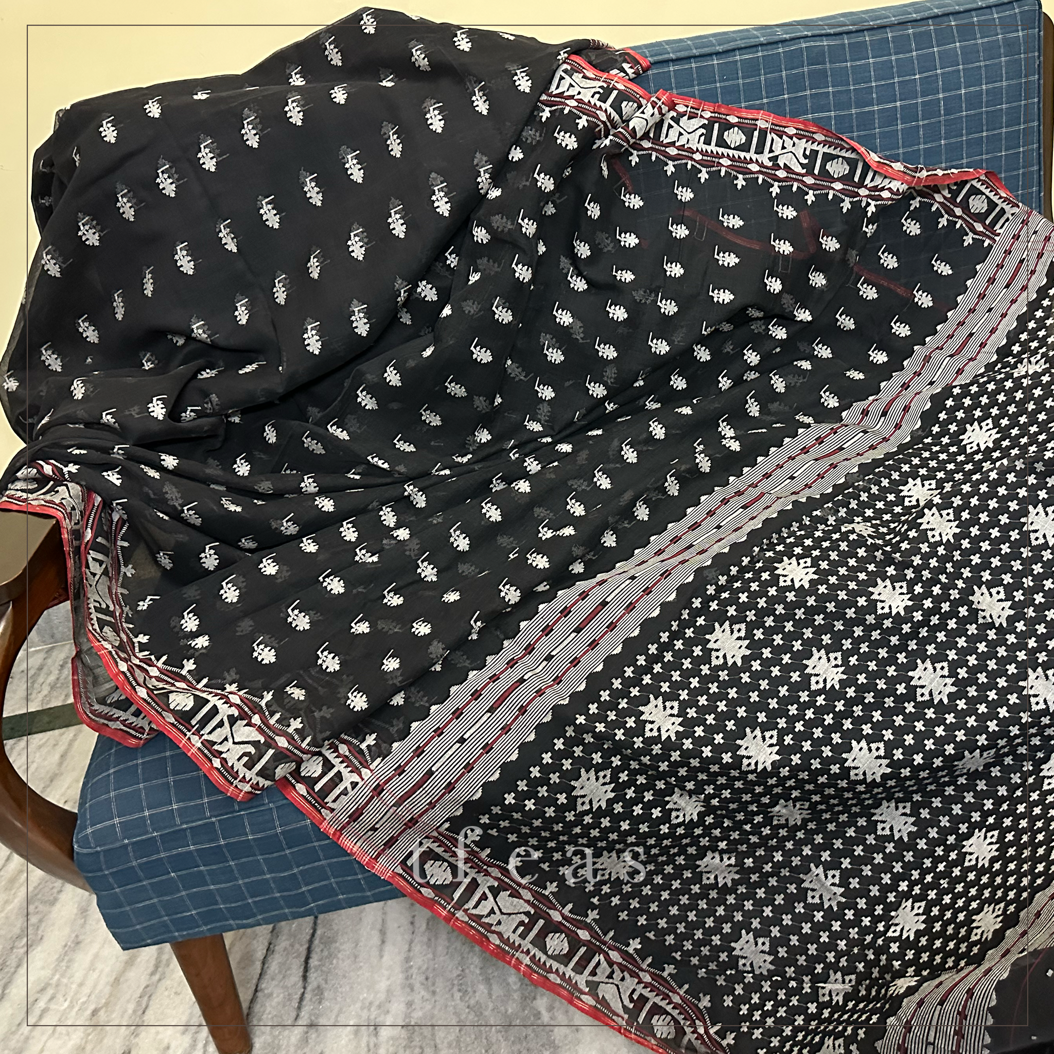 Black Dhakai Jamdani with Red Selvedge