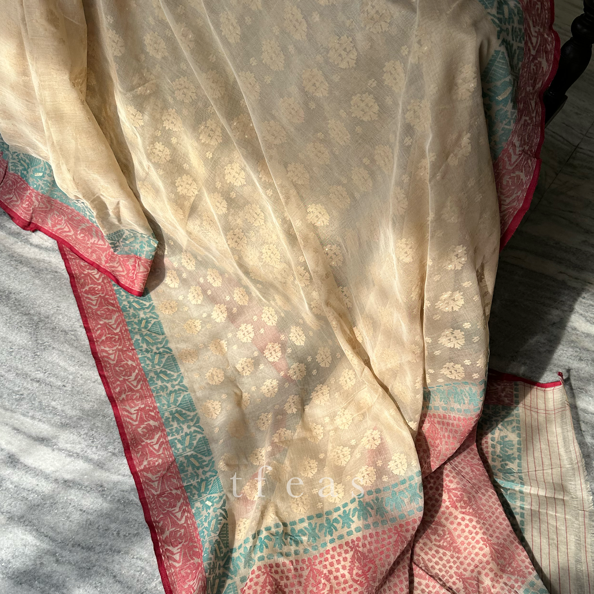 Pre Order: 200 count Beige with Maroon and Green Grand Dhakai Jamdani