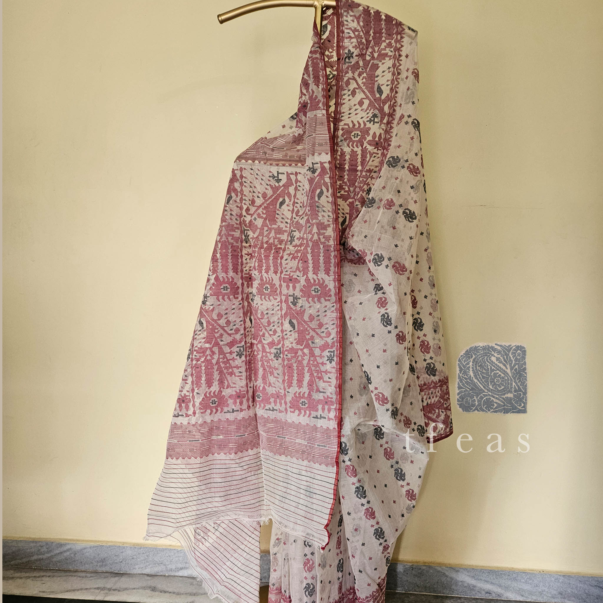 White with Maroon and Black Dhakai Jamdani