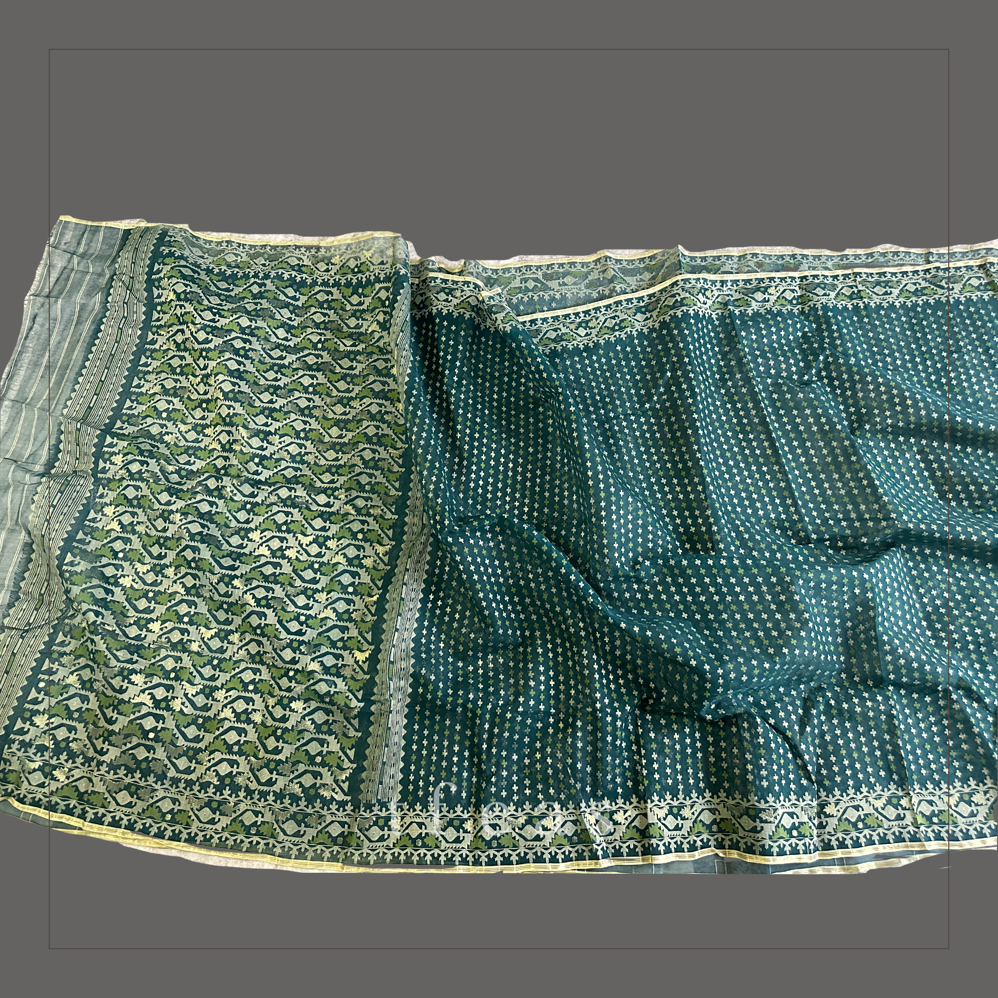 Peacock Green Blue with Green and Zari Dhakai Jamdani