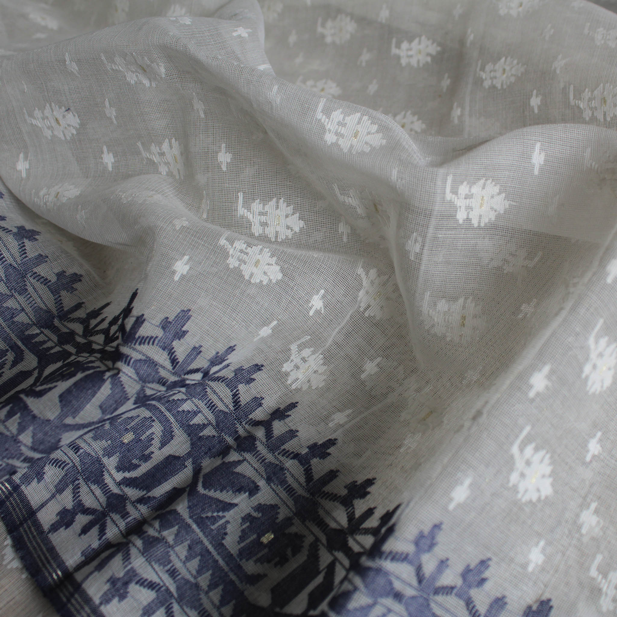 White and Dark Blue Dhakai Jamdani