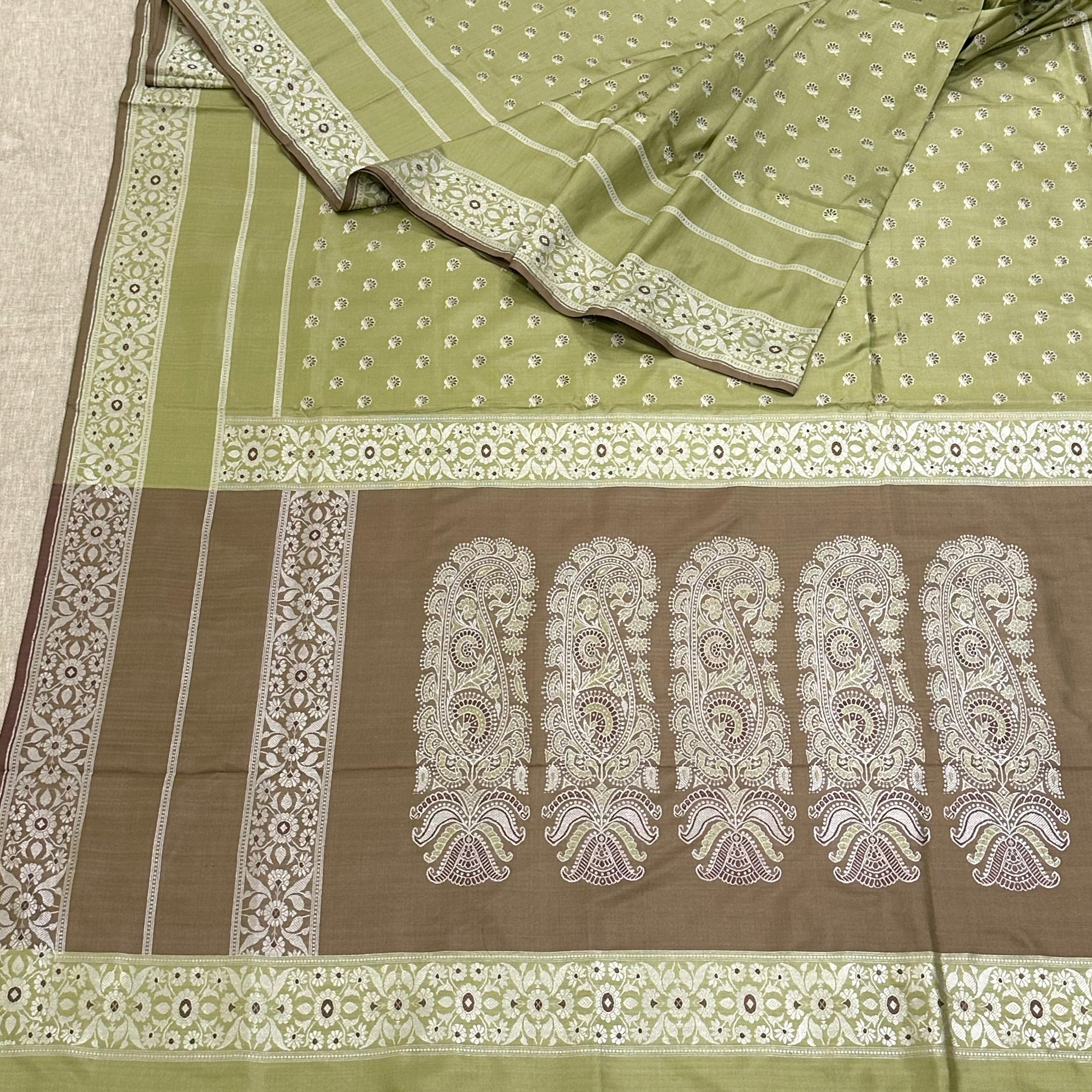 Sage Green Baluchari Saree with Paisleys in the Palla