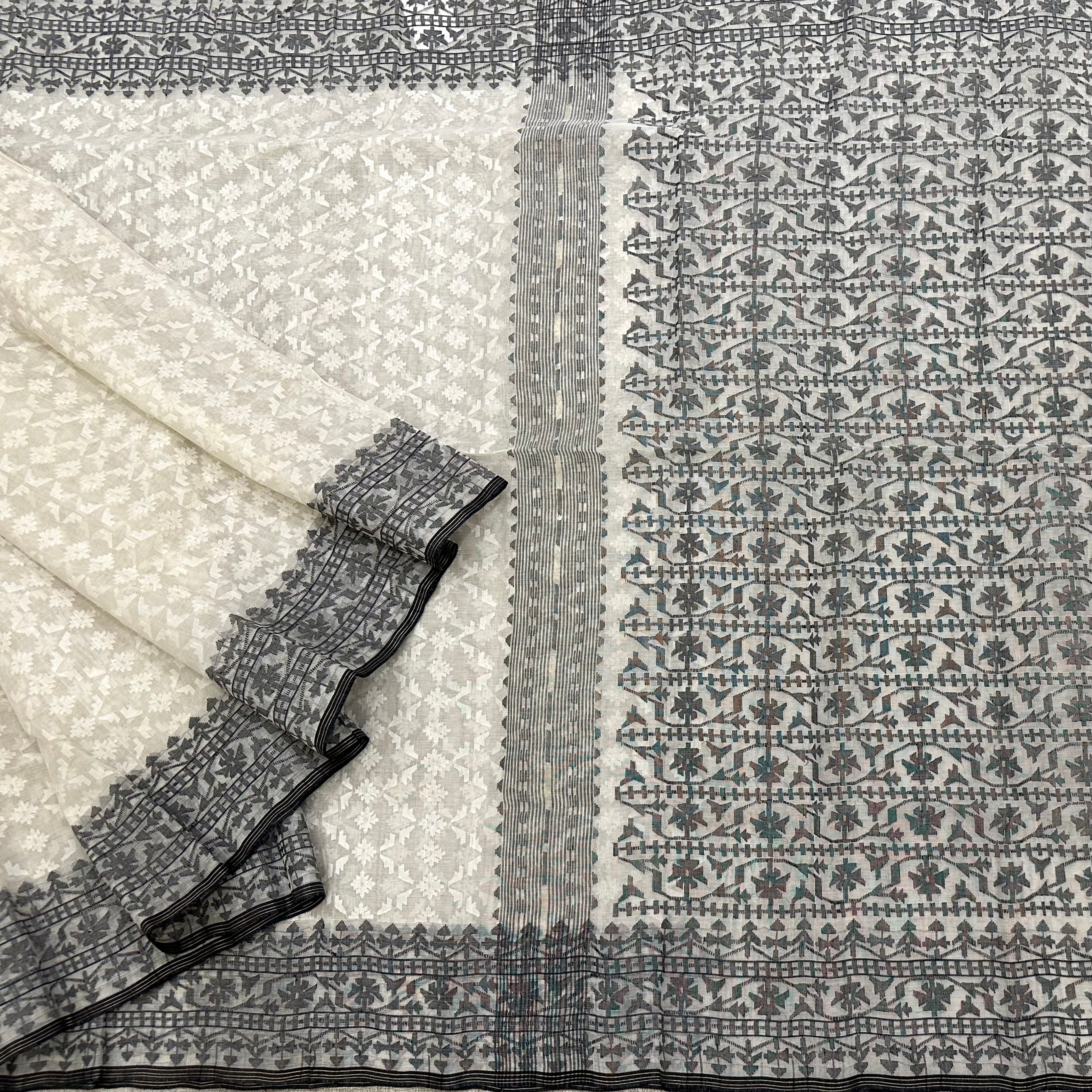 White and Black Jaal Dhakai Jamdani Saree