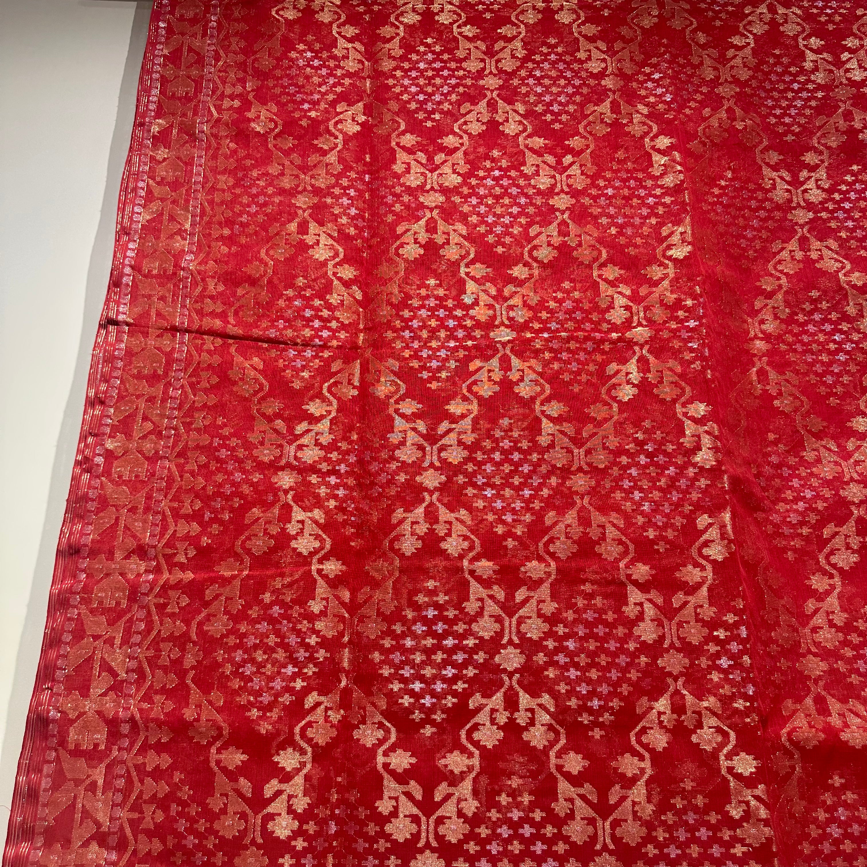 Reddish Orange Dhakai Jamdani with Zari