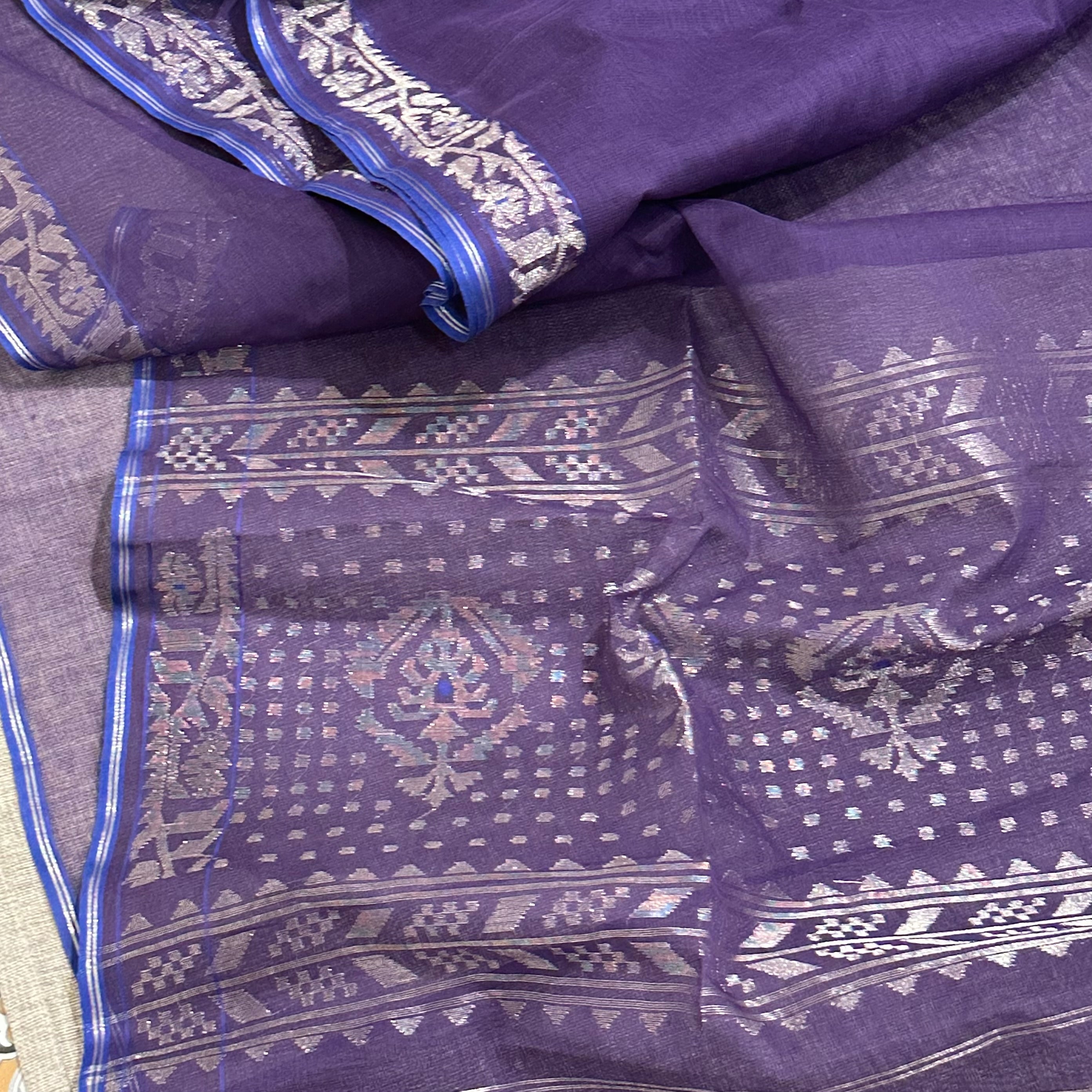 Purple and Blue with Silver Dhakai Jamdani