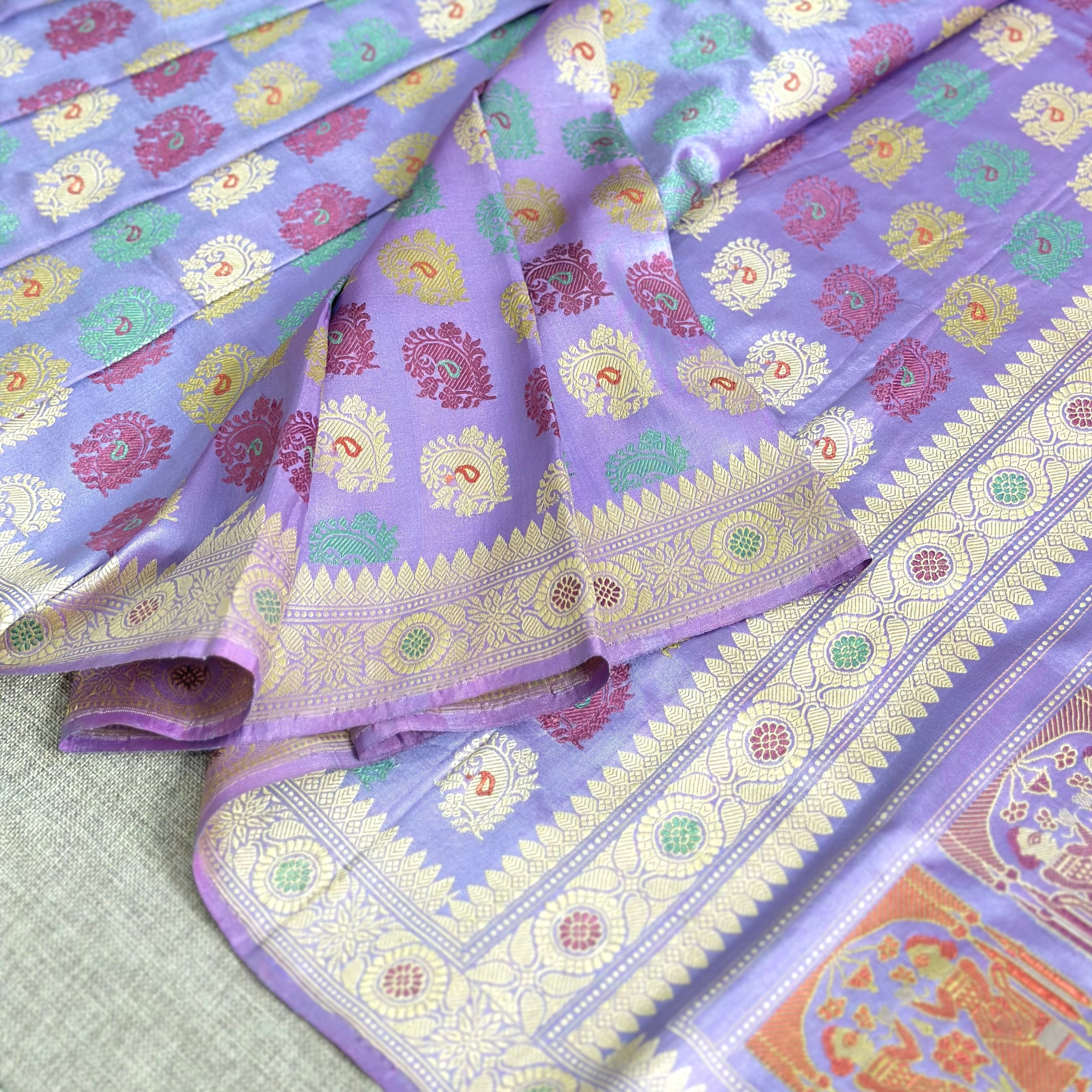 Lilac Revival Baluchari Saree with Paisley and Figure Motifs