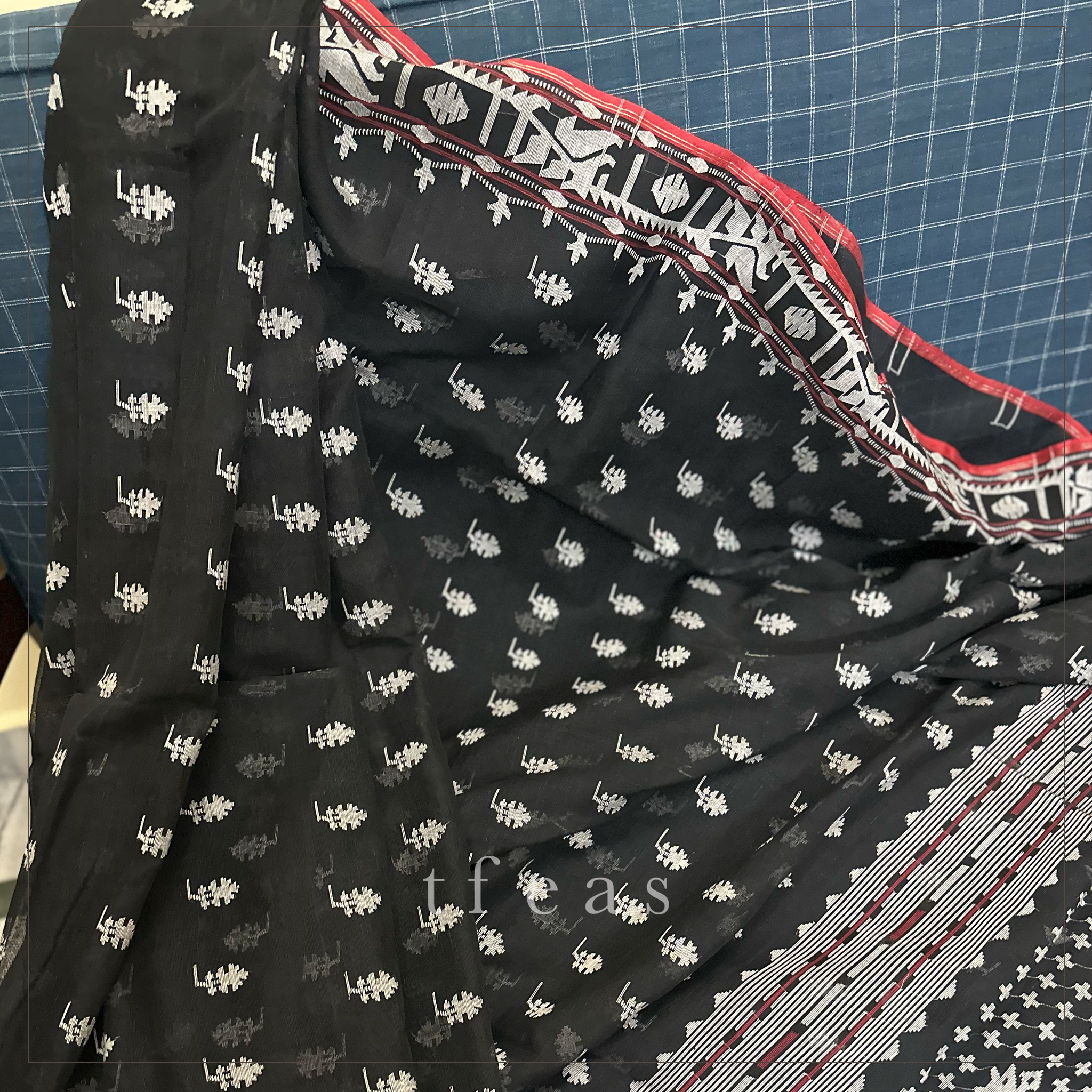 Black Dhakai Jamdani with Red Selvedge