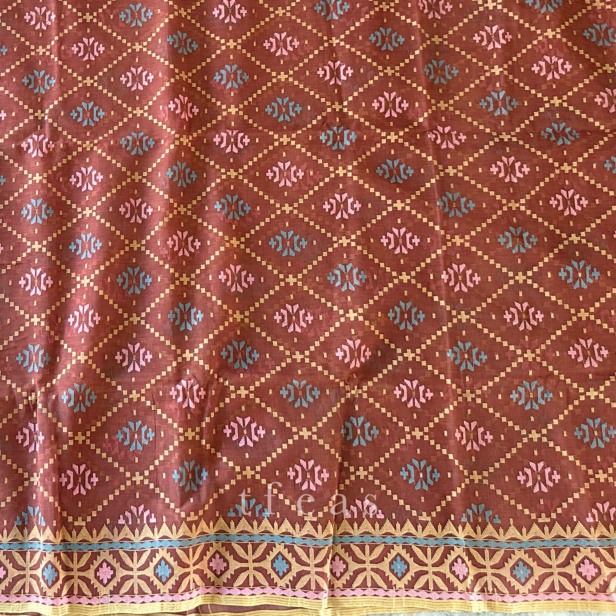 Brown with Beige Pink and Blue Dhakai Jamdani