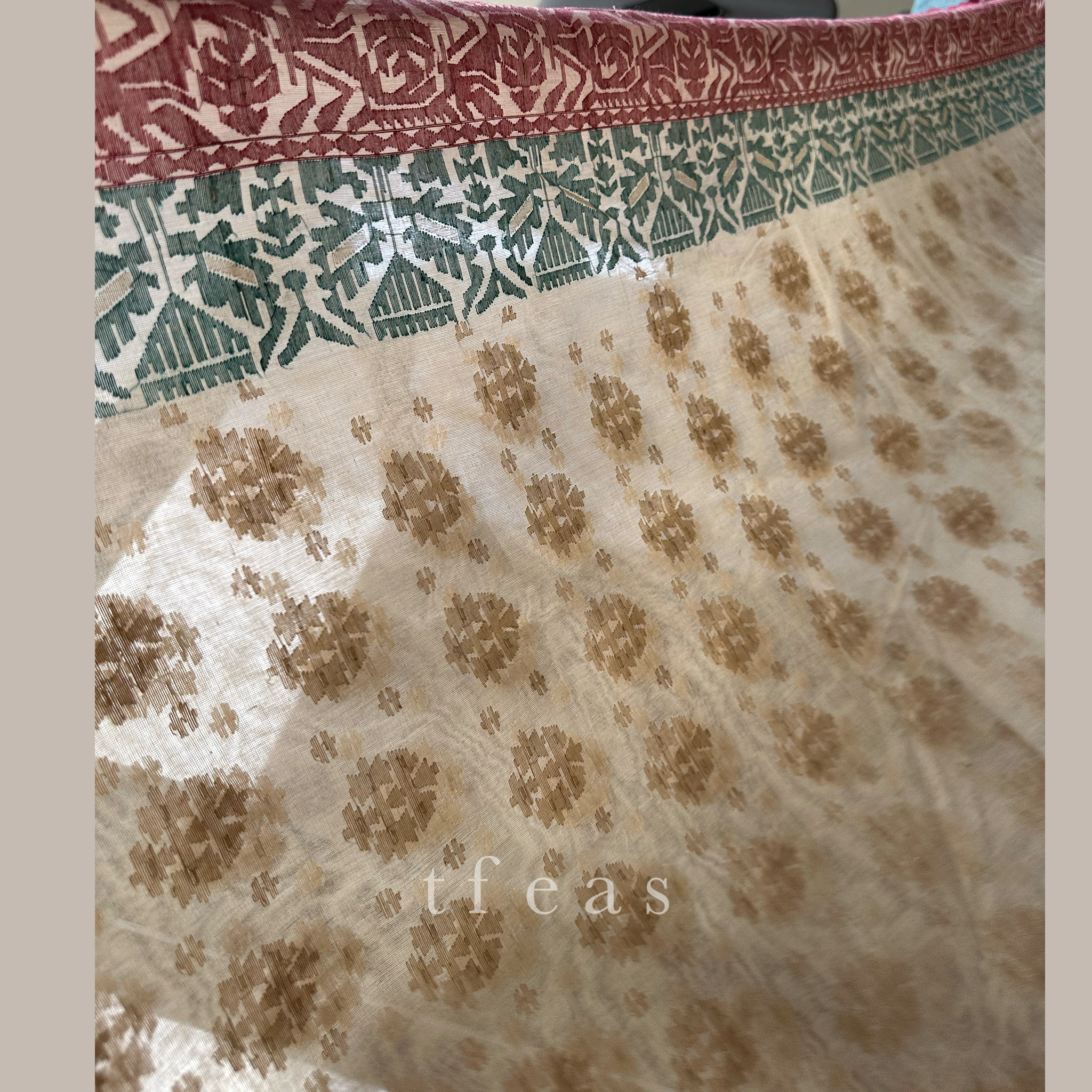 Pre Order: 200 count Beige with Maroon and Green Grand Dhakai Jamdani