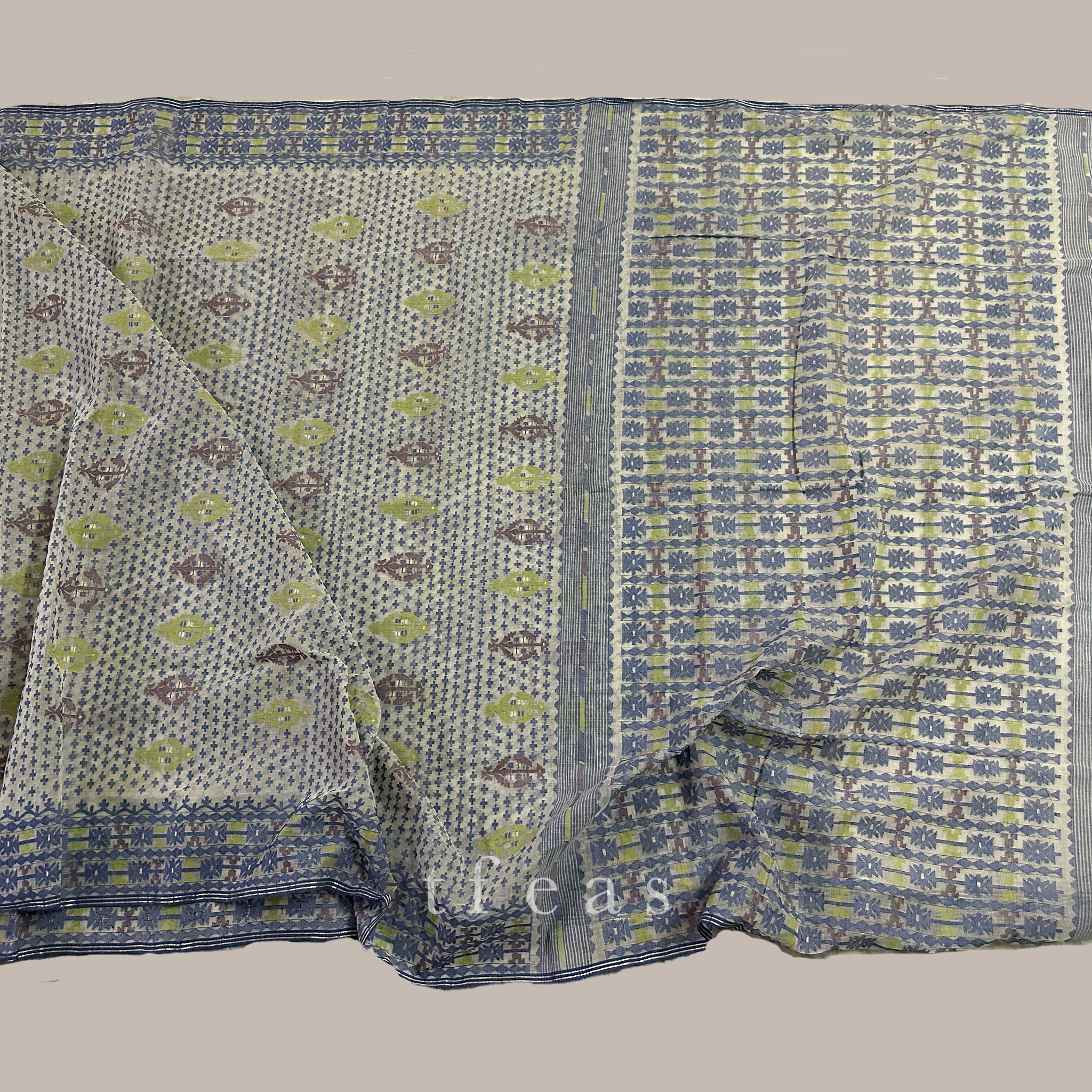 White and Greyish Blue with Lime Green and Brown Dhakai Jamdani