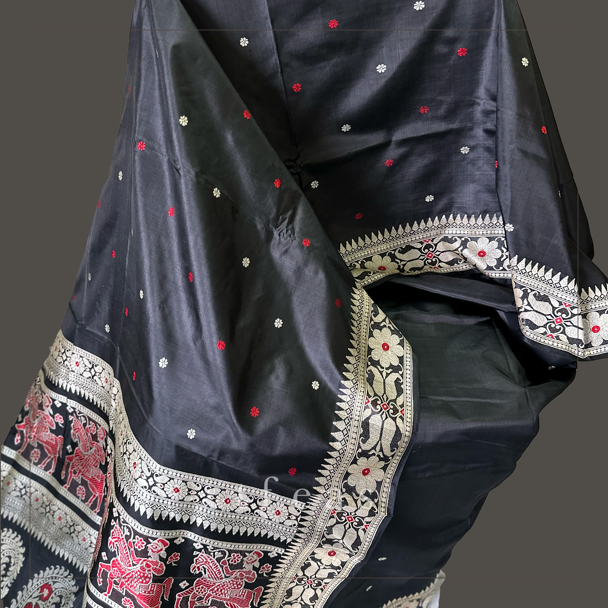 Black with White and Red Baluchari Saree from Bengal